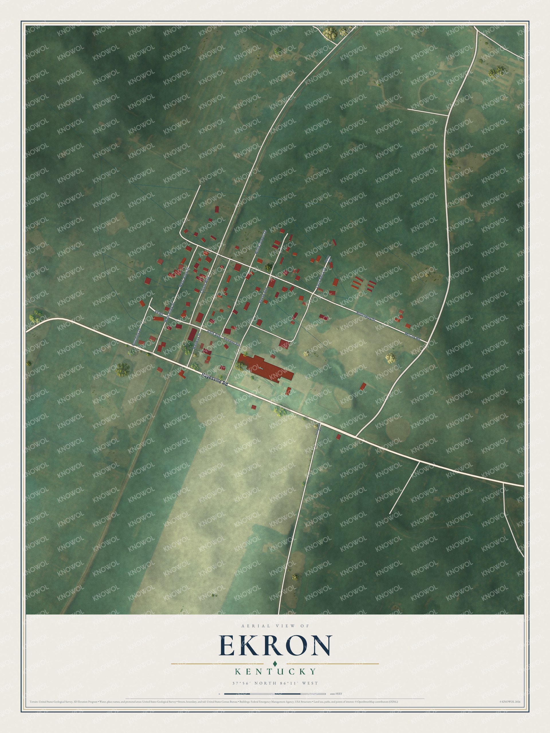 Full map of Ekron, Kentucky, with red buildings, printed street names and the land around them
