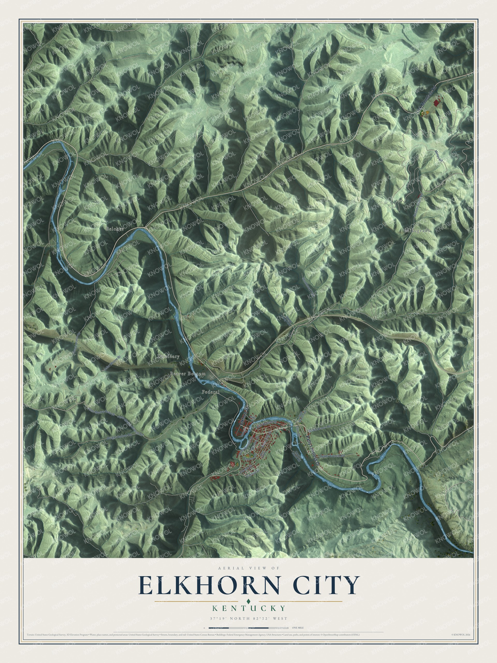 Full map of Elkhorn City, Kentucky, with red buildings, printed street names and the land around them