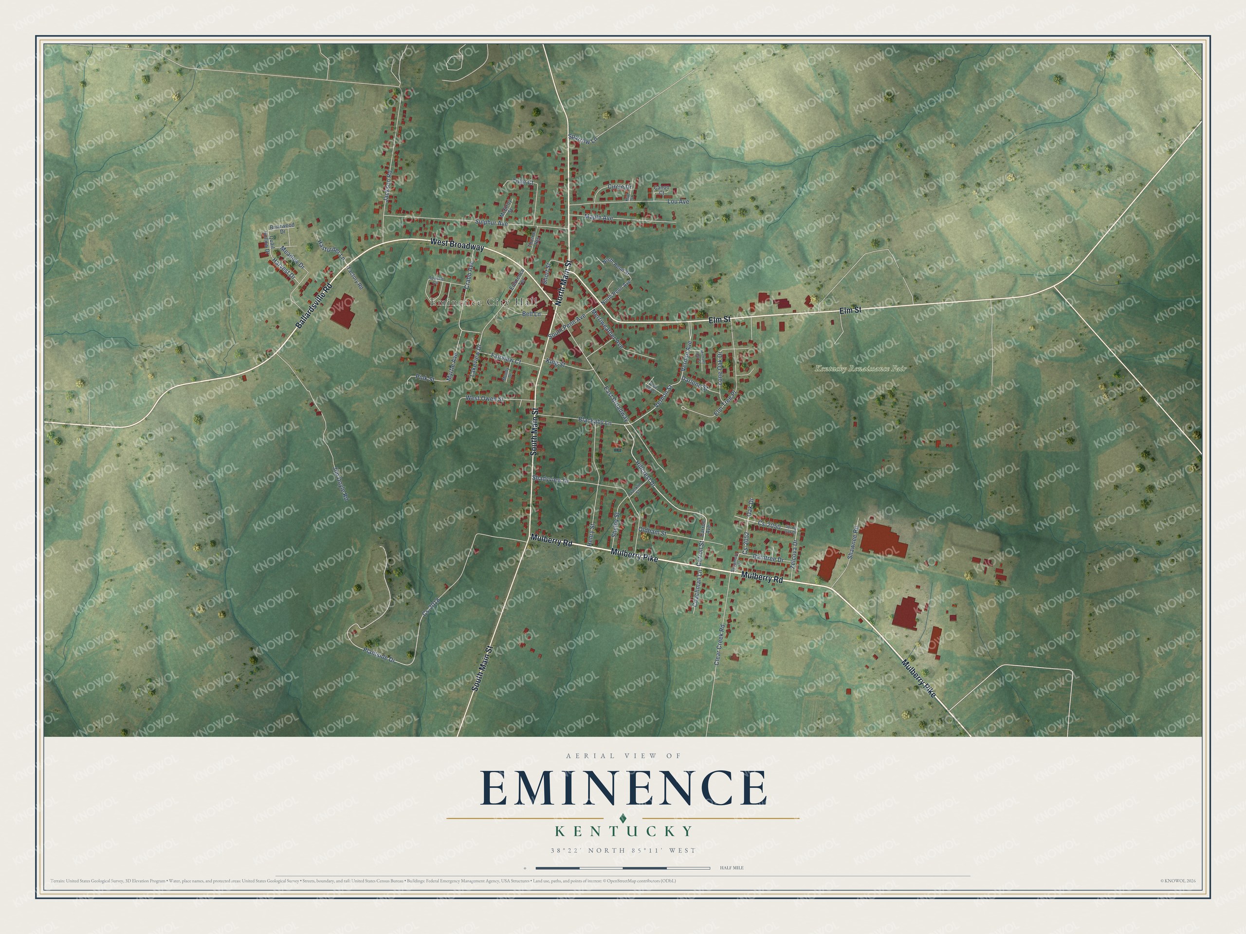 Full map of Eminence, Kentucky, with red buildings, printed street names and the land around them