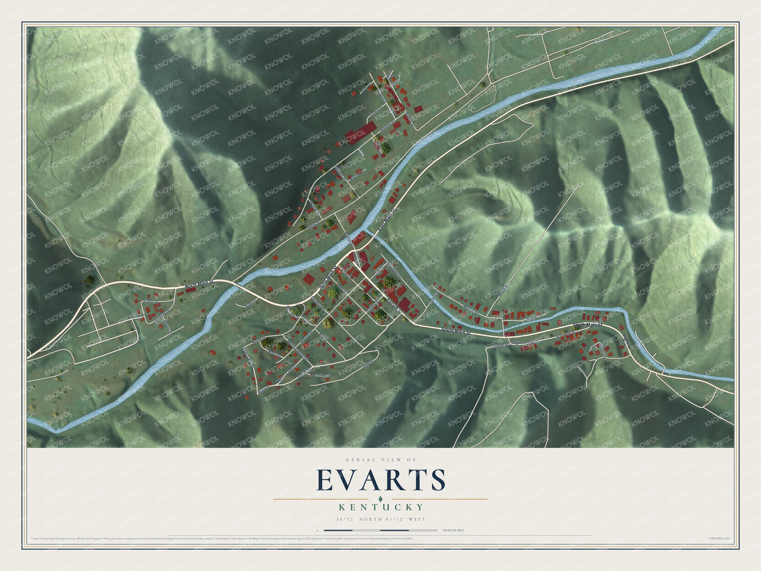 Full map of Evarts, Kentucky, with red buildings, printed street names and the land around them