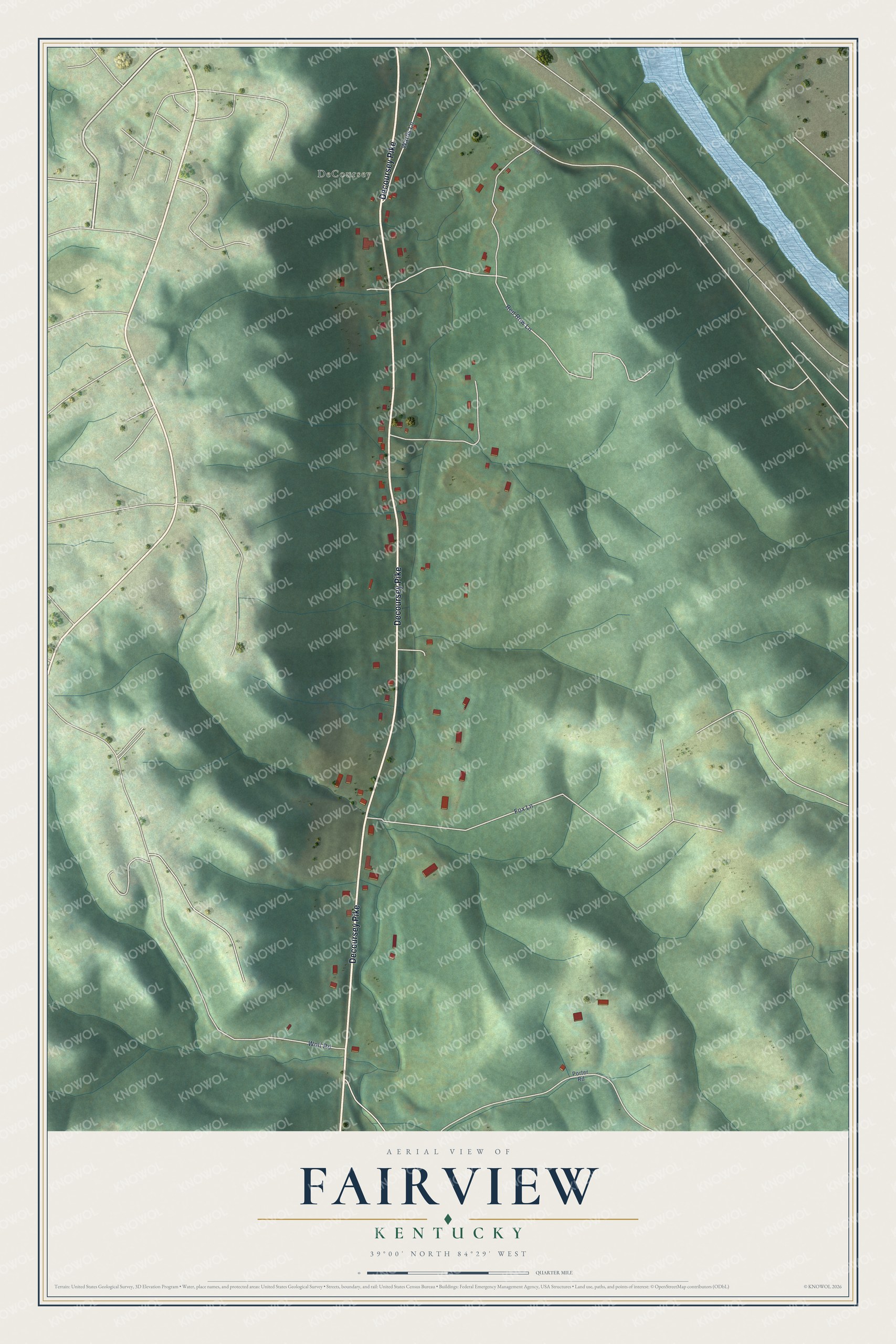 Full map of Fairview, Kentucky, with red buildings, printed street names and the land around them