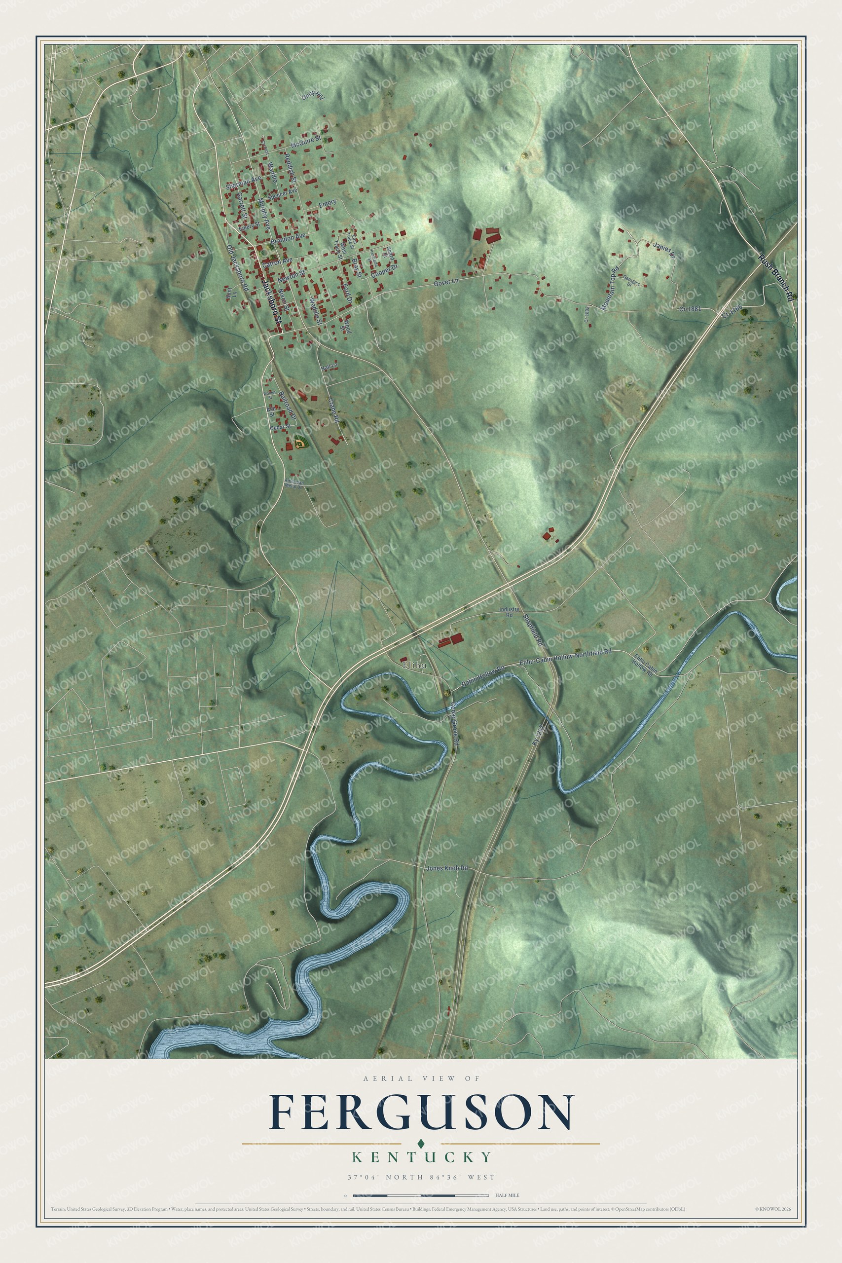 Full map of Ferguson, Kentucky, with red buildings, printed street names and the land around them