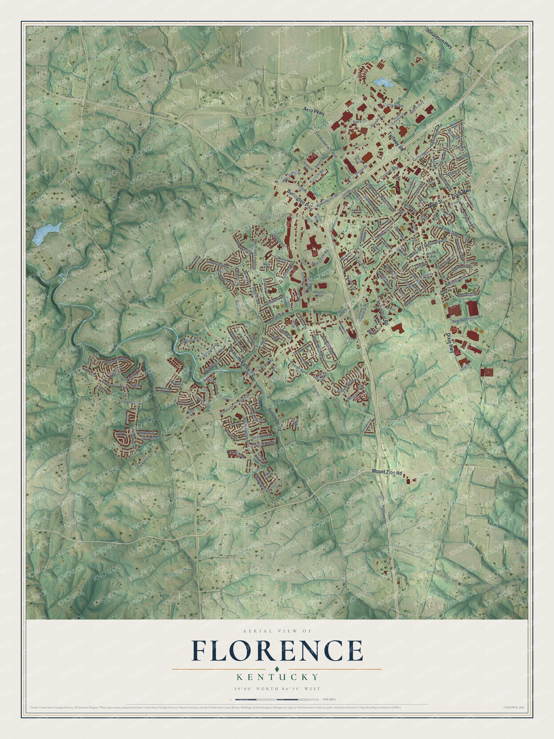 Full map of Florence, Kentucky, with red buildings, printed street names and the land around them