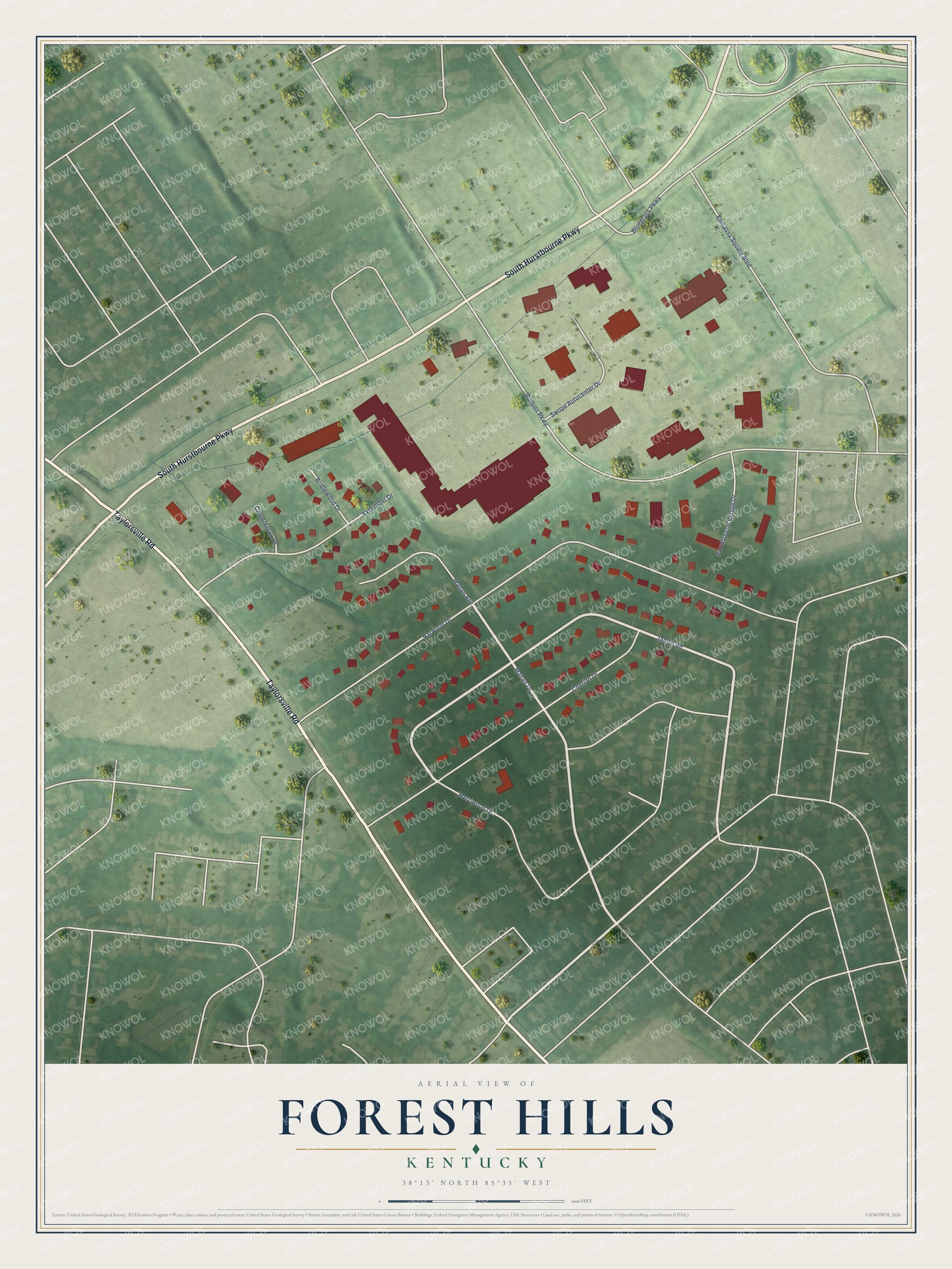 Full map of Forest Hills, Kentucky, with red buildings, printed street names and the land around them