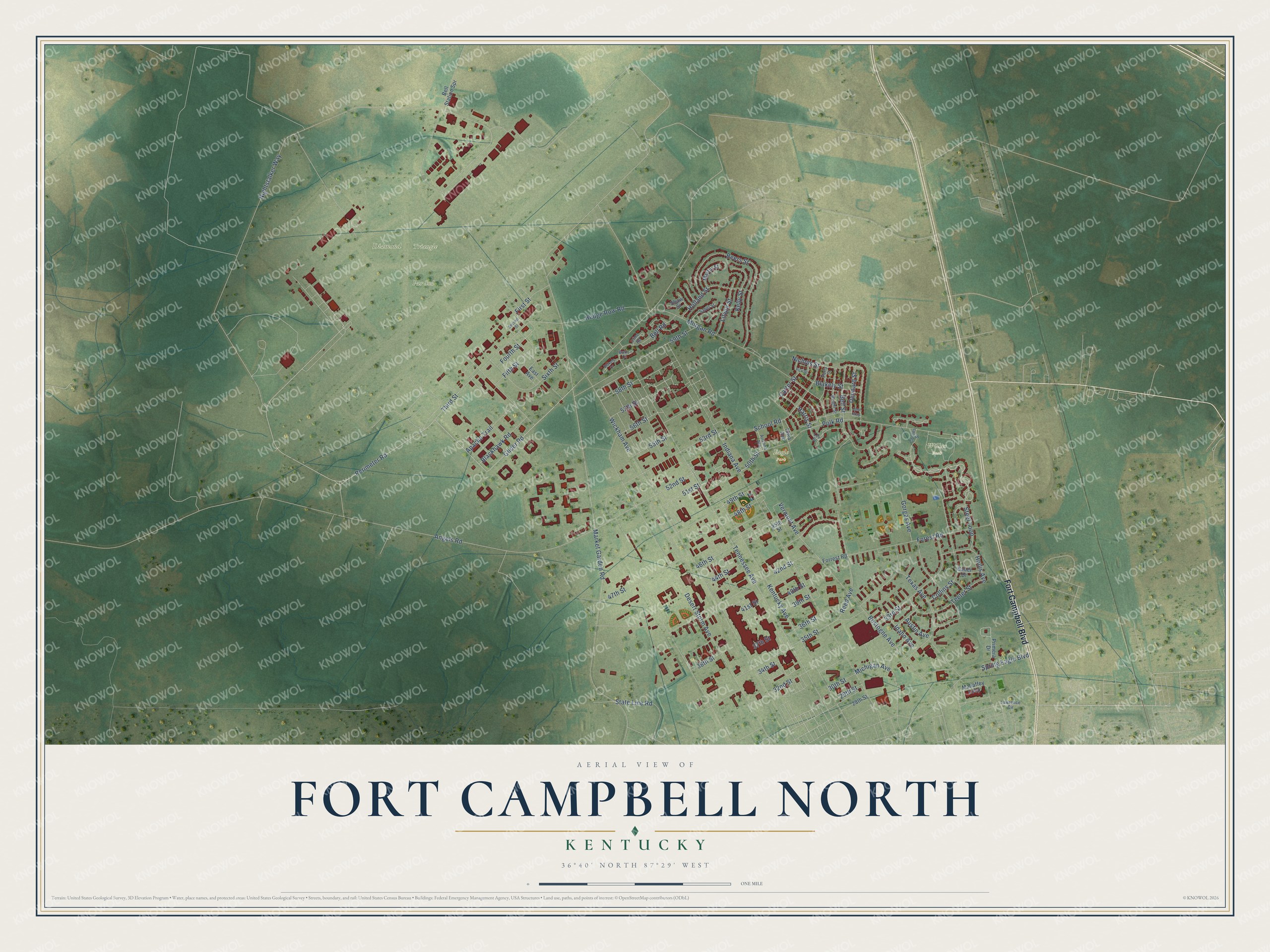 Full map of Fort Campbell North, Kentucky, with red buildings, printed street names and the land around them