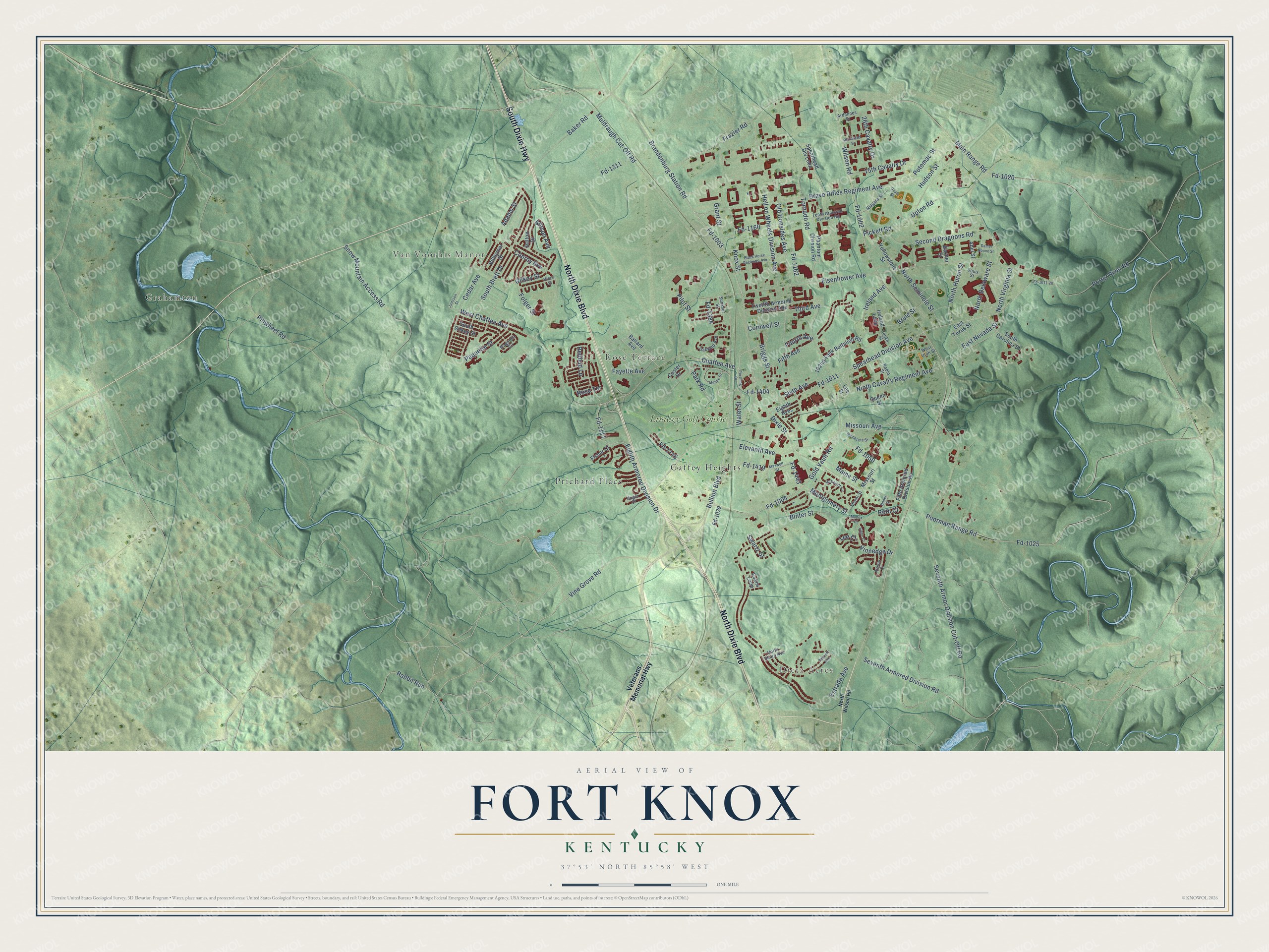 Full map of Fort Knox, Kentucky, with red buildings, printed street names and the land around them