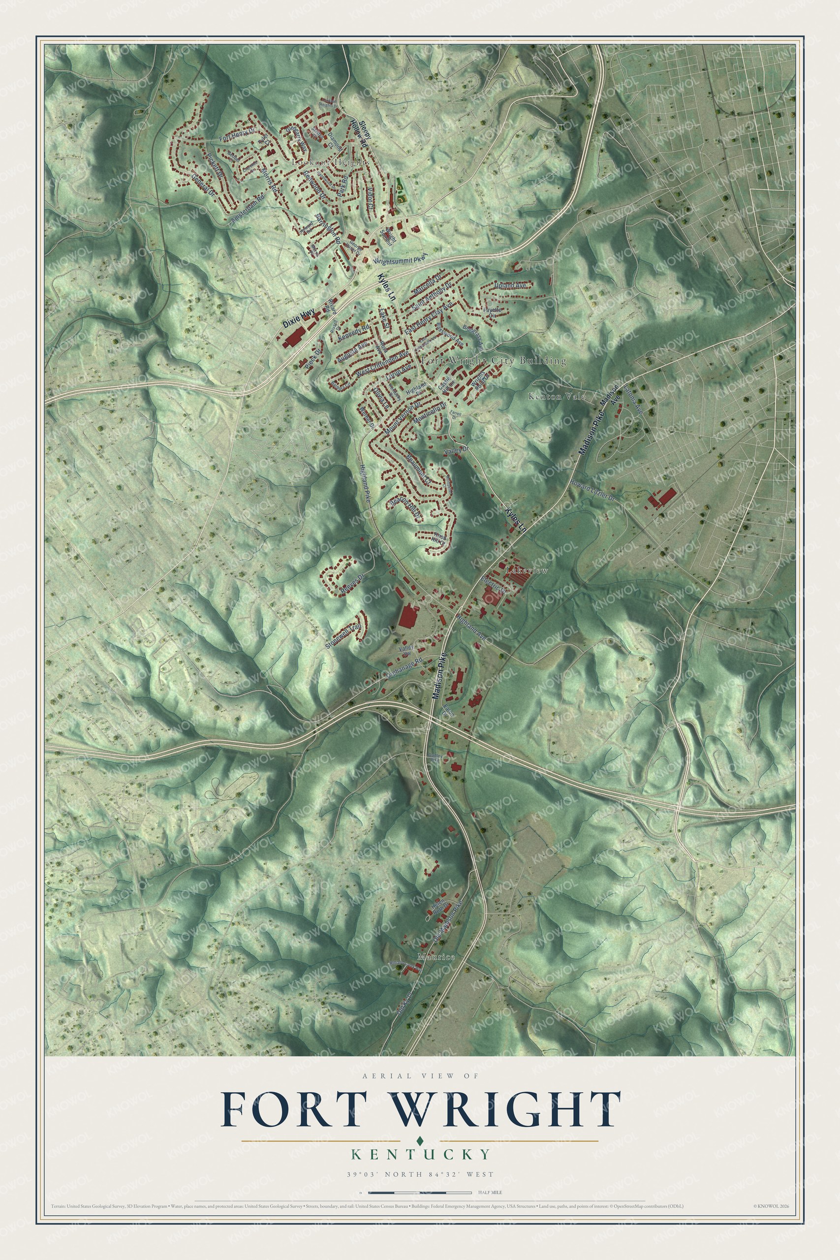Full map of Fort Wright, Kentucky, with red buildings, printed street names and the land around them