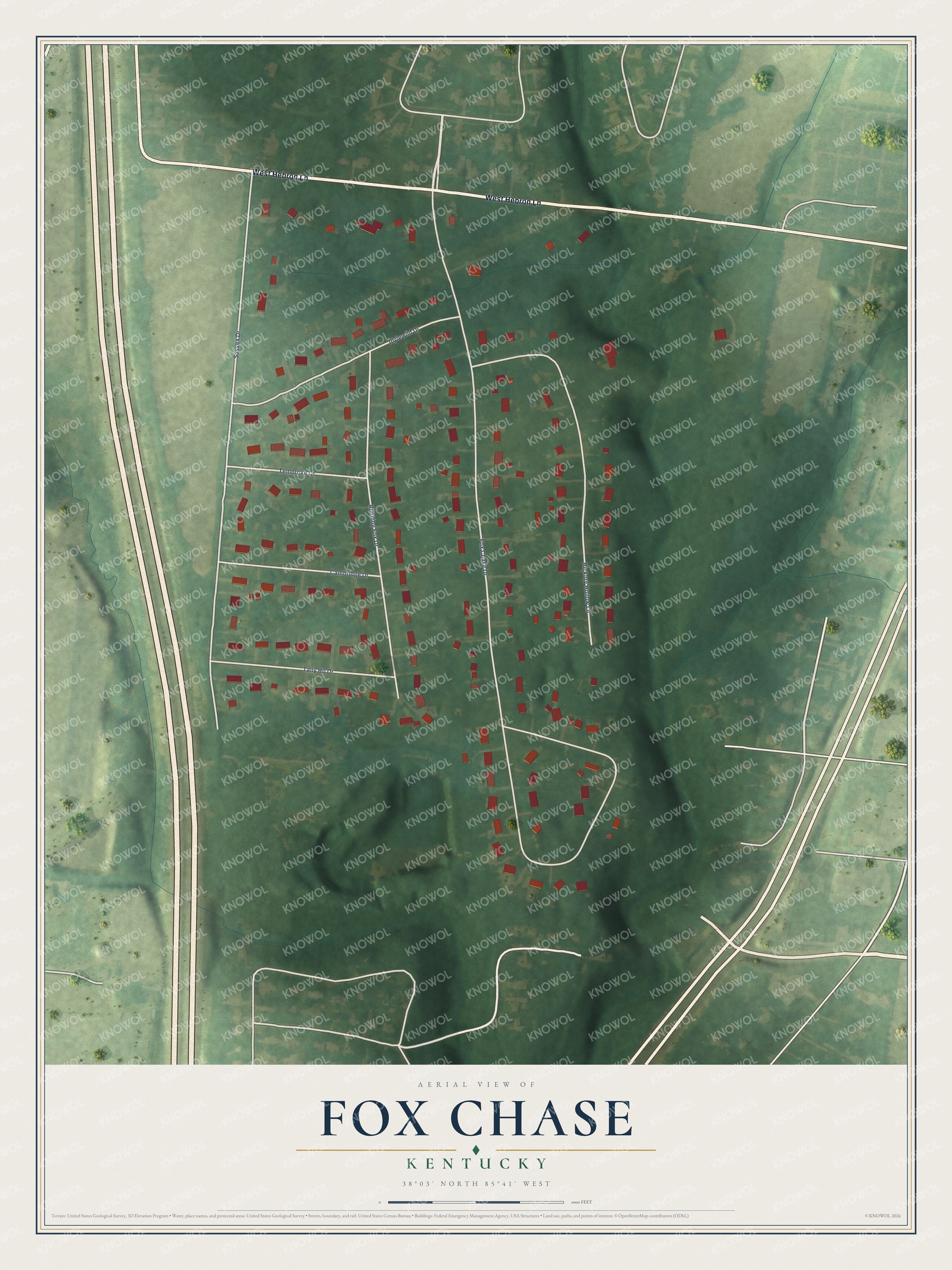 Full map of Fox Chase, Kentucky, with red buildings, printed street names and the land around them