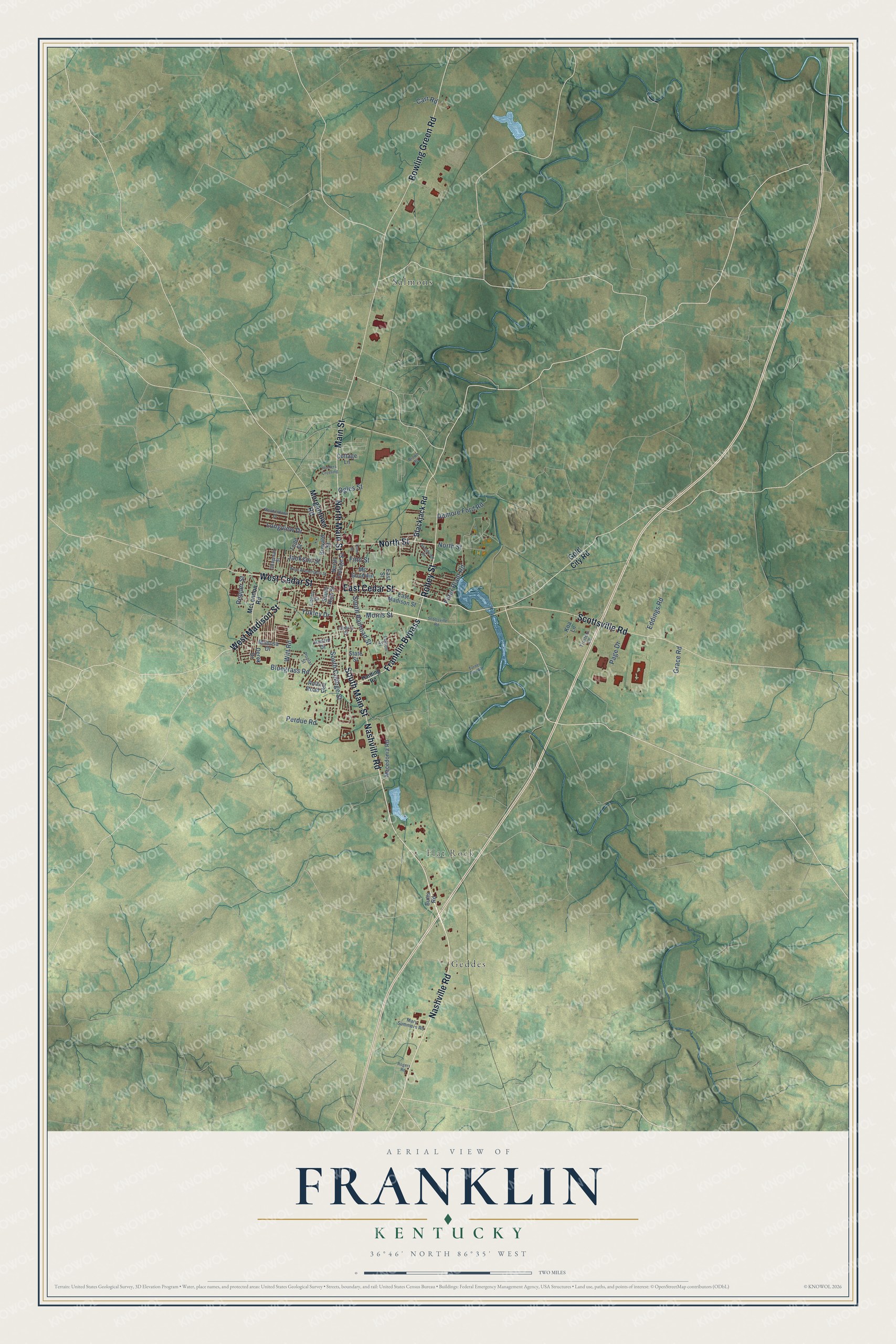 Full map of Franklin, Kentucky, with red buildings, printed street names and the land around them