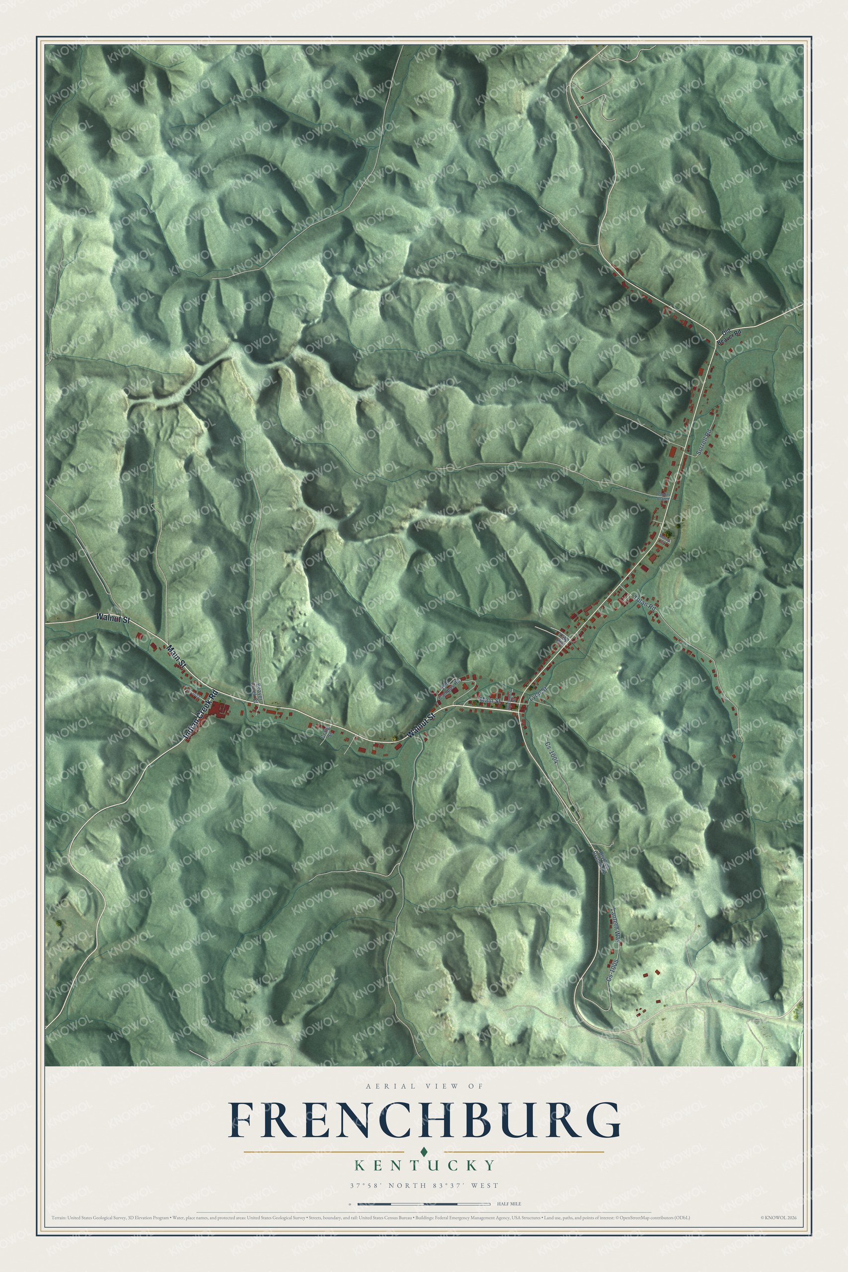 Full map of Frenchburg, Kentucky, with red buildings, printed street names and the land around them