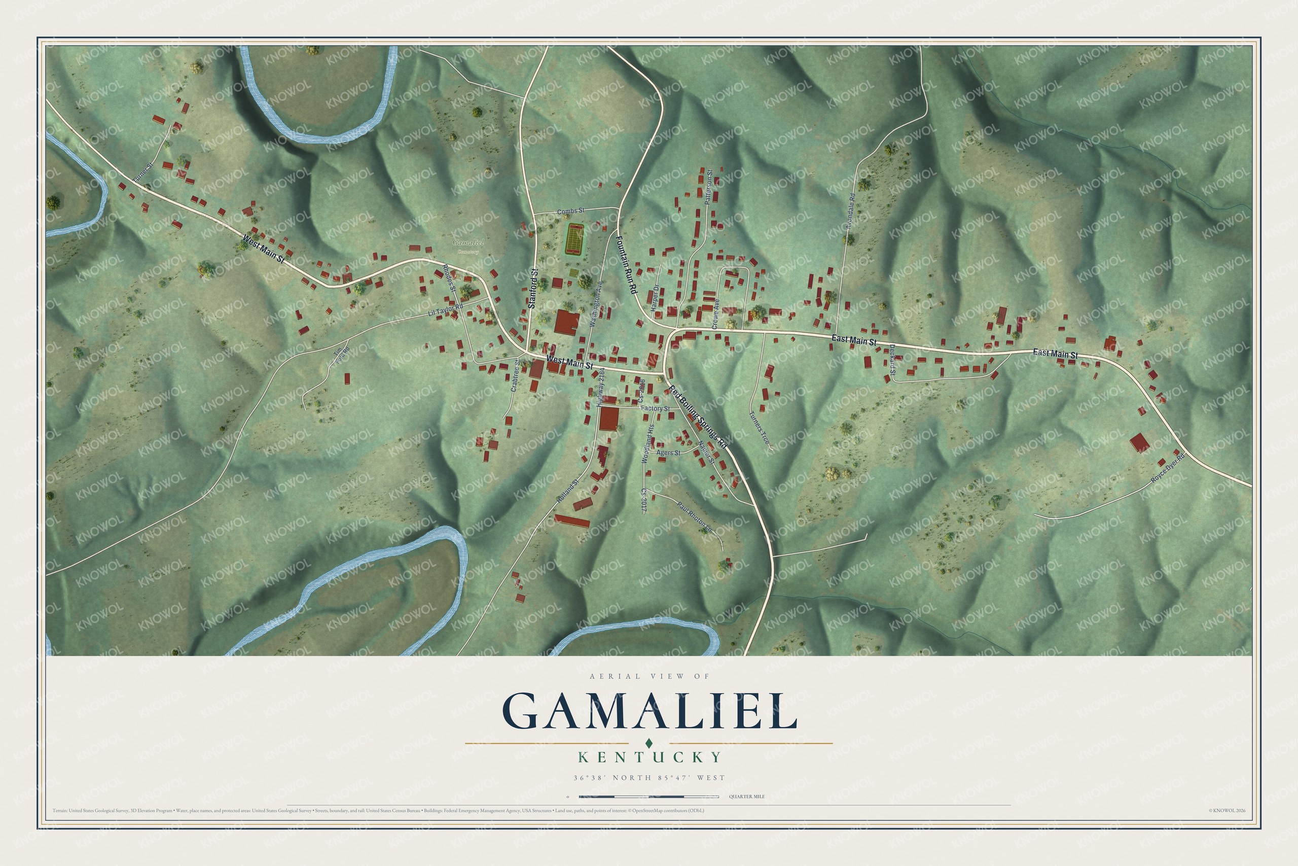 Full map of Gamaliel, Kentucky, with red buildings, printed street names and the land around them