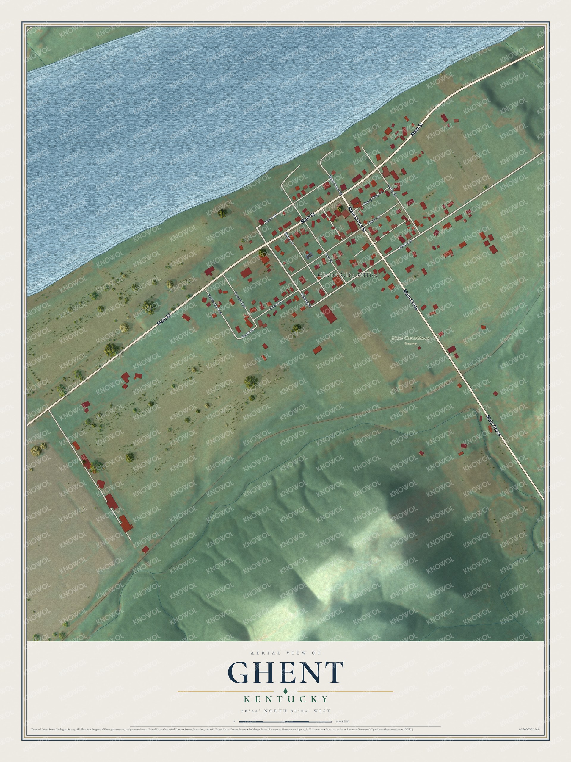 Full map of Ghent, Kentucky, with red buildings, printed street names and the land around them