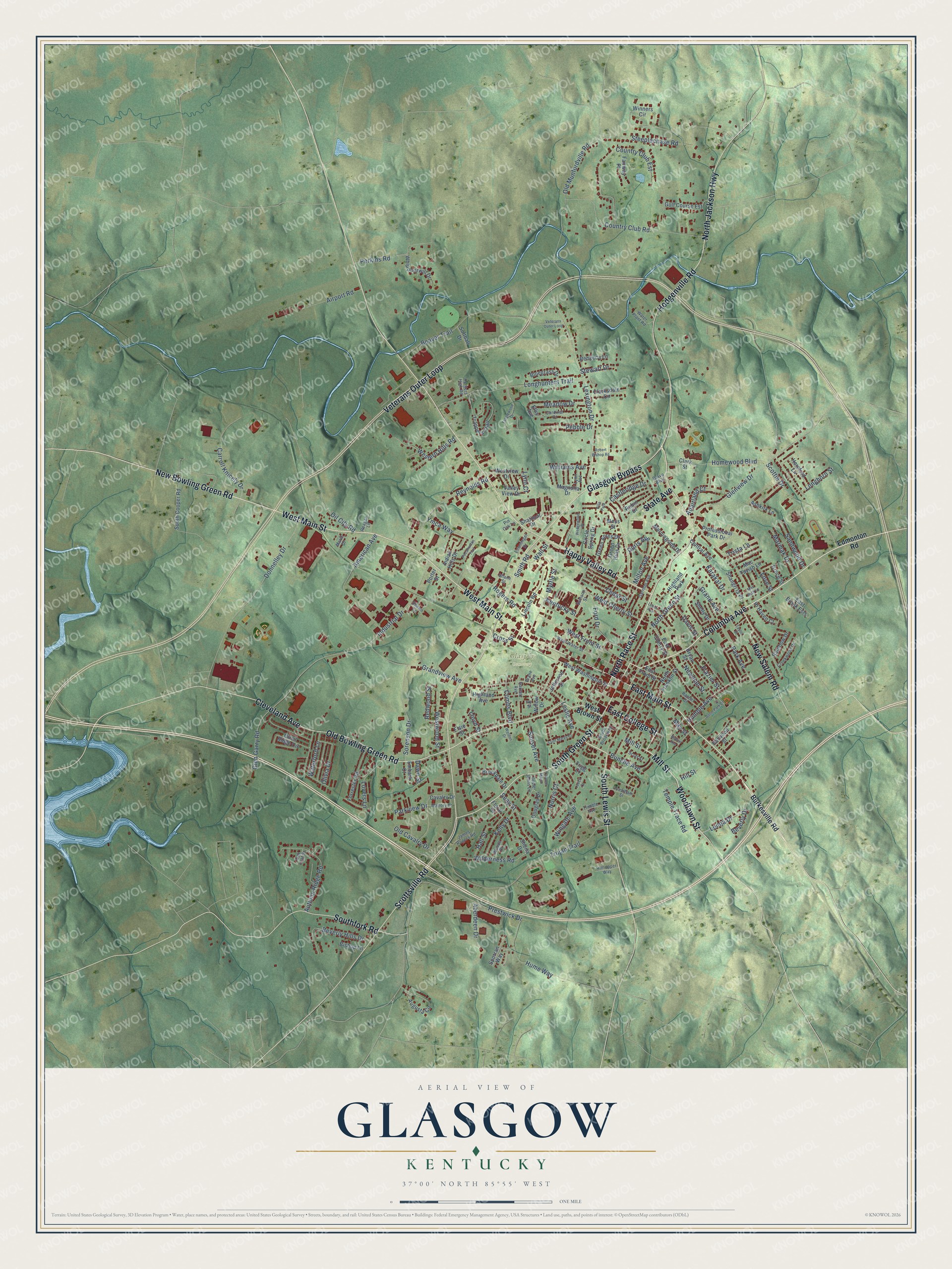 Full map of Glasgow, Kentucky, with red buildings, printed street names and the land around them