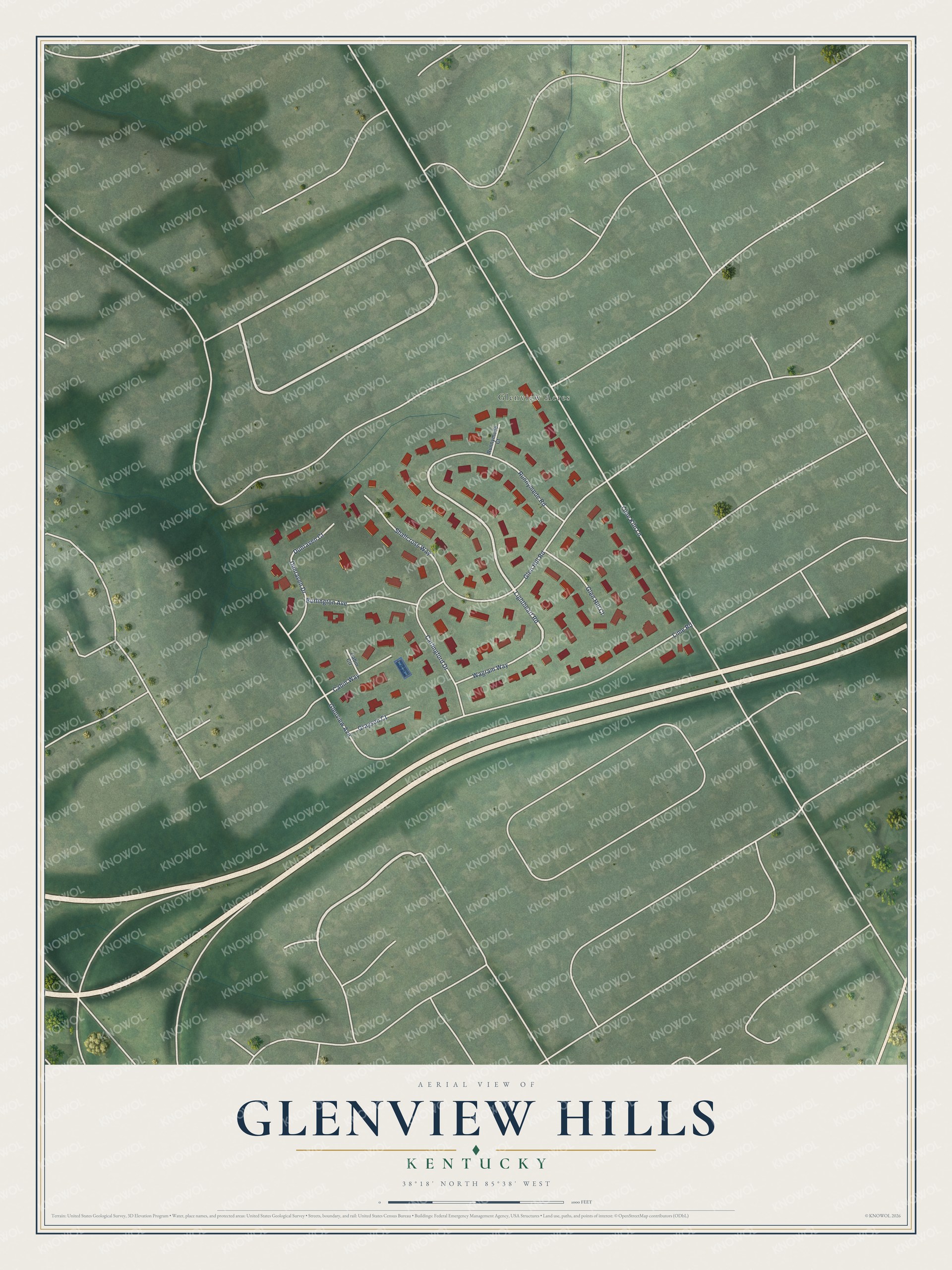 Full map of Glenview Hills, Kentucky, with red buildings, printed street names and the land around them