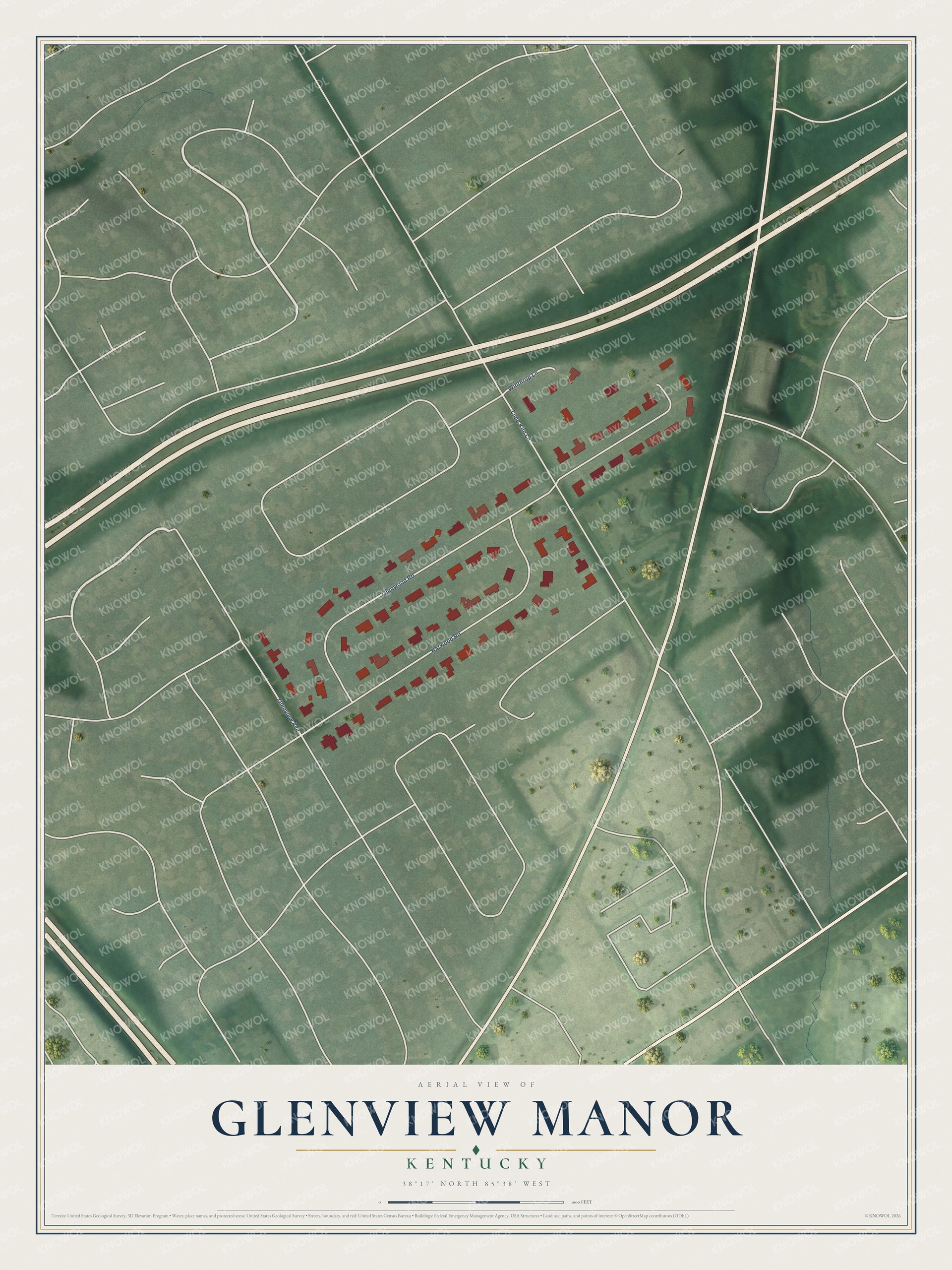 Full map of Glenview Manor, Kentucky, with red buildings, printed street names and the land around them