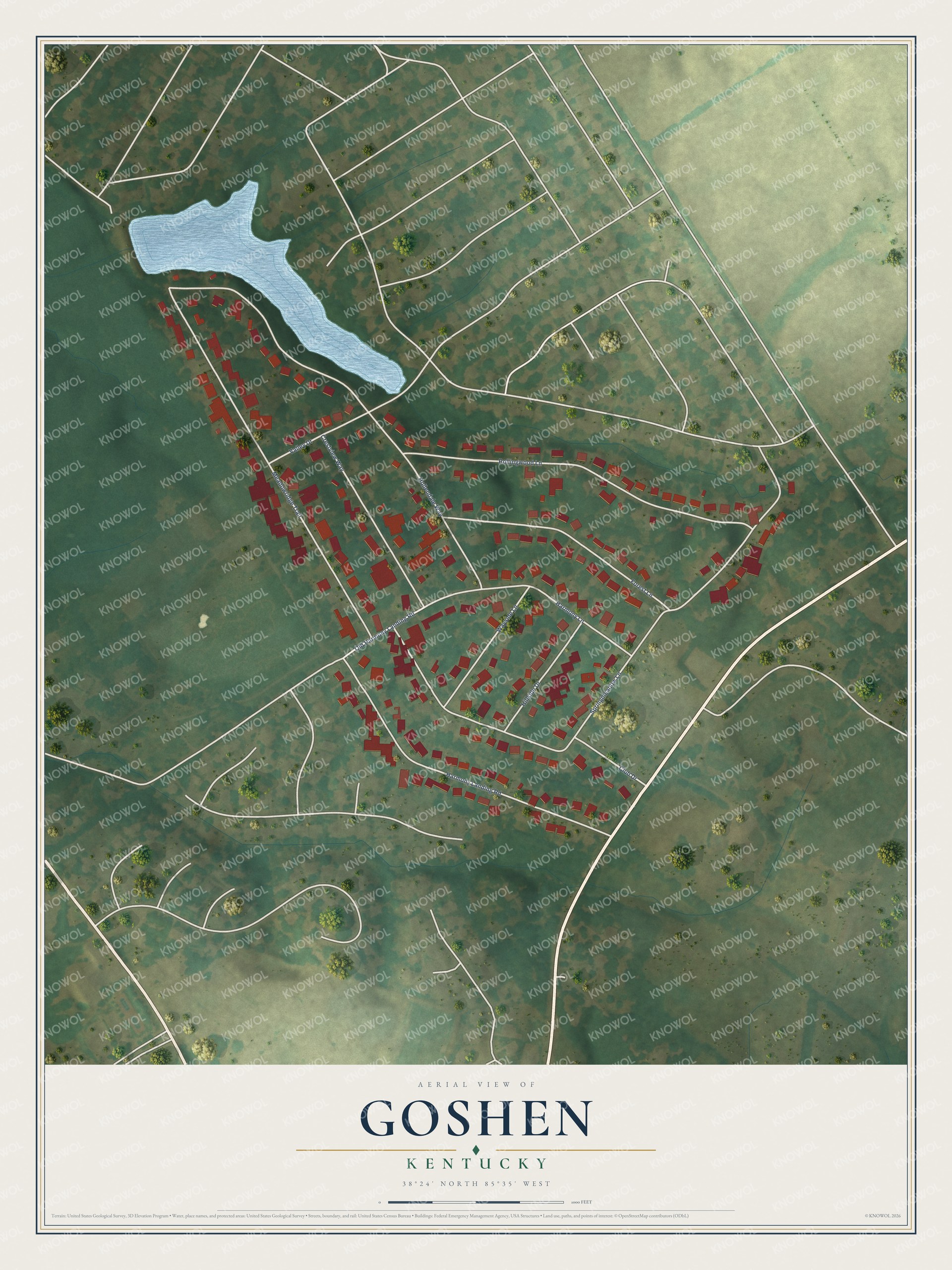 Full map of Goshen, Kentucky, with red buildings, printed street names and the land around them