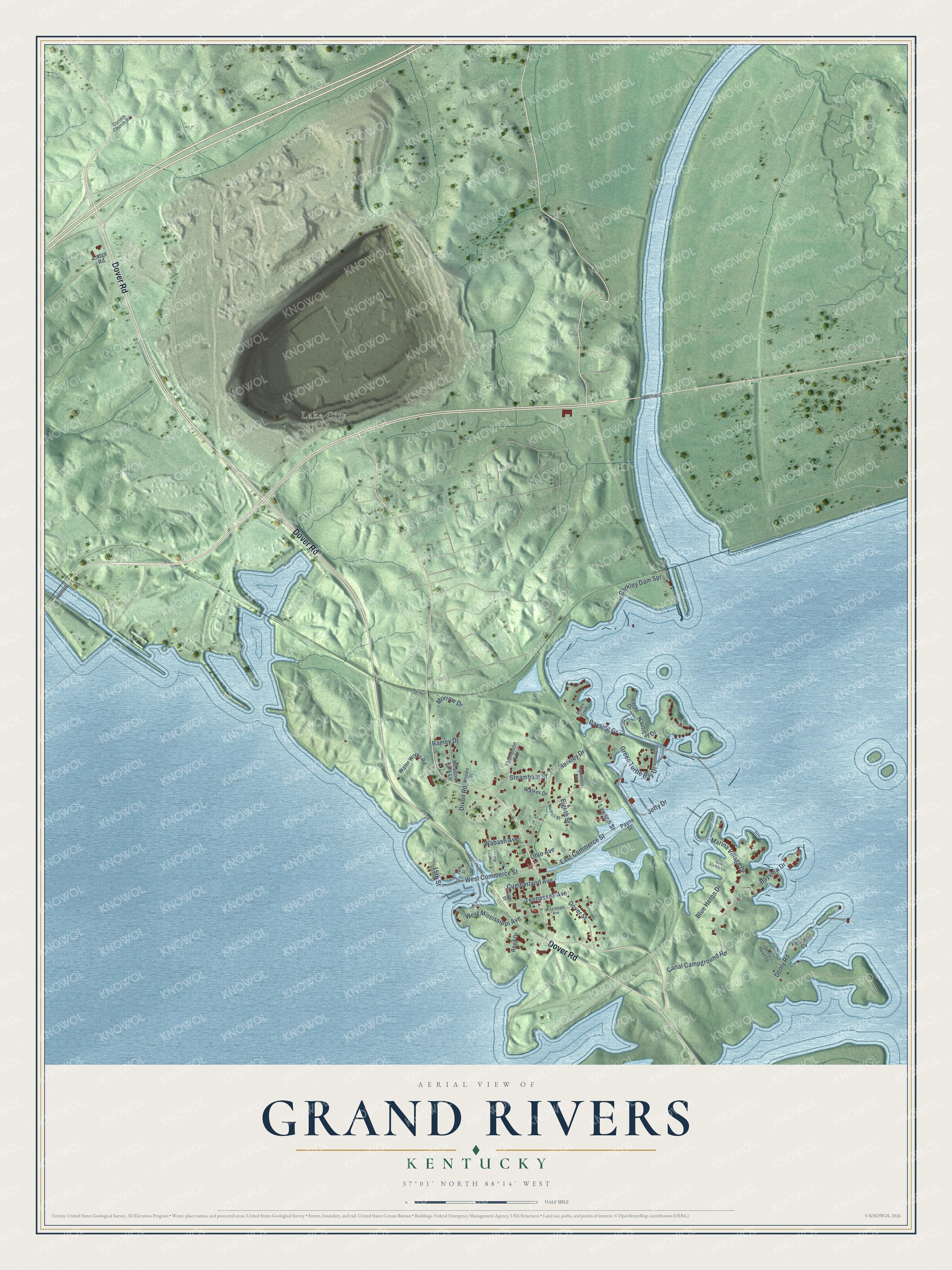 Full map of Grand Rivers, Kentucky, with red buildings, printed street names and the land around them