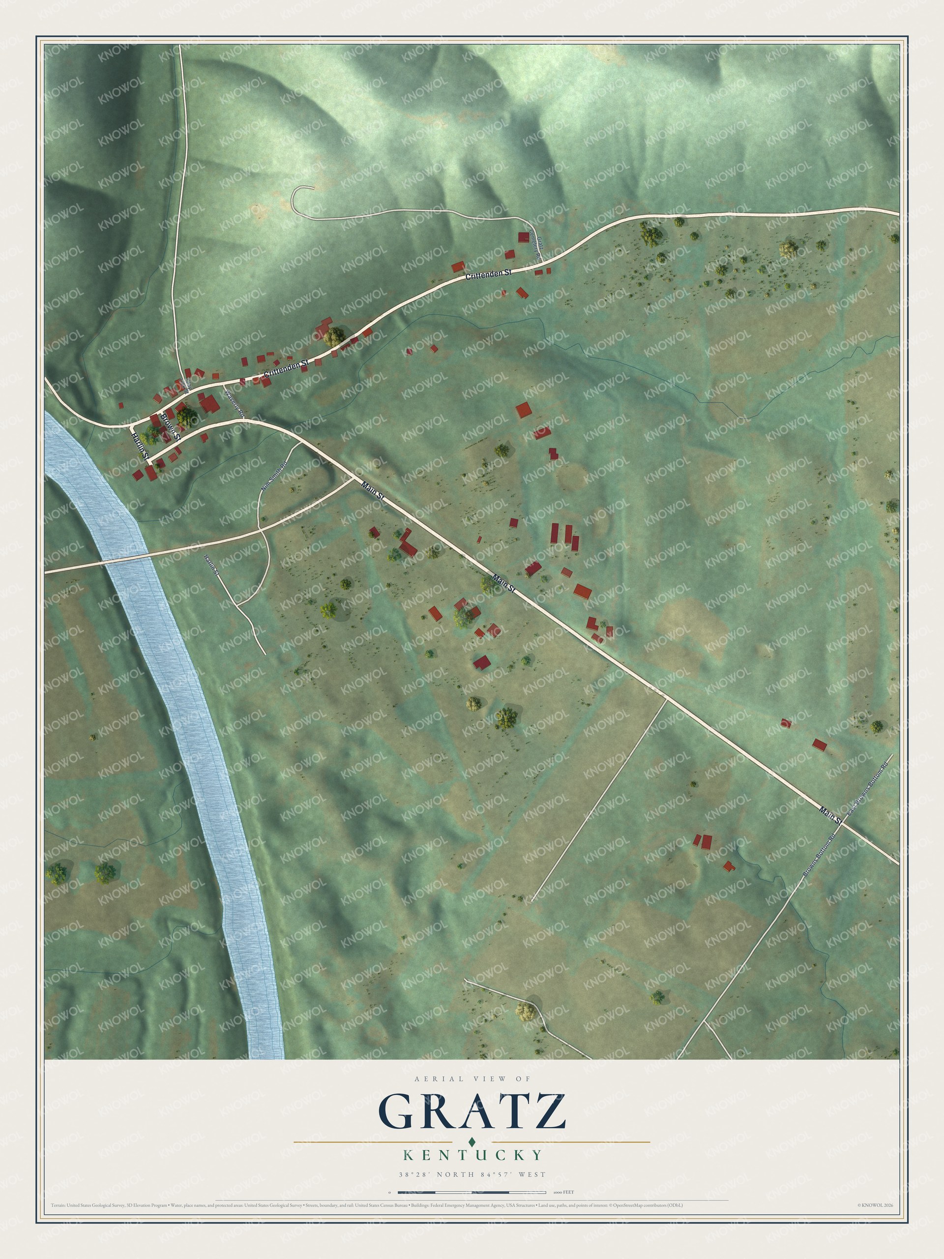 Full map of Gratz, Kentucky, with red buildings, printed street names and the land around them