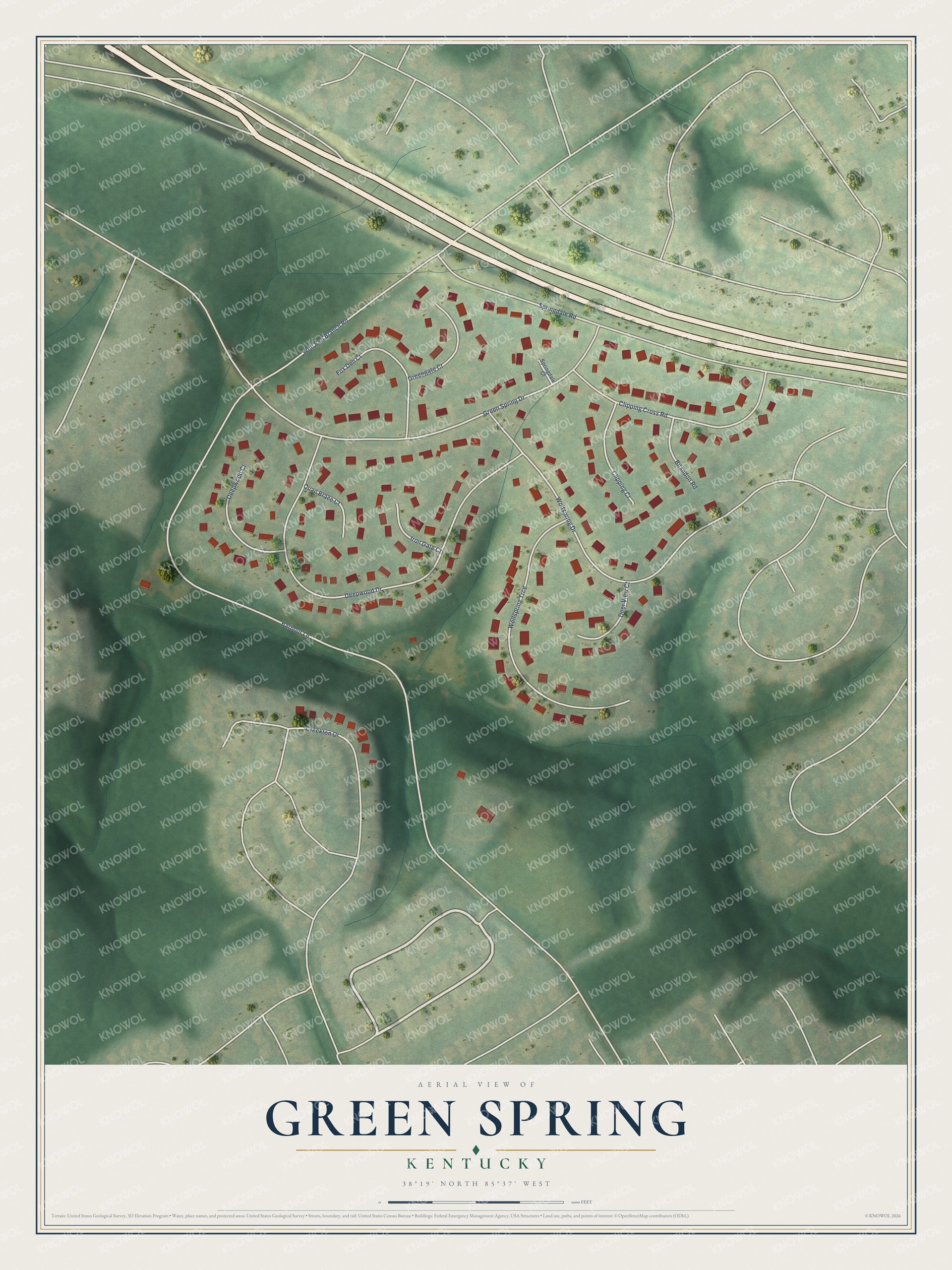 Full map of Green Spring, Kentucky, with red buildings, printed street names and the land around them