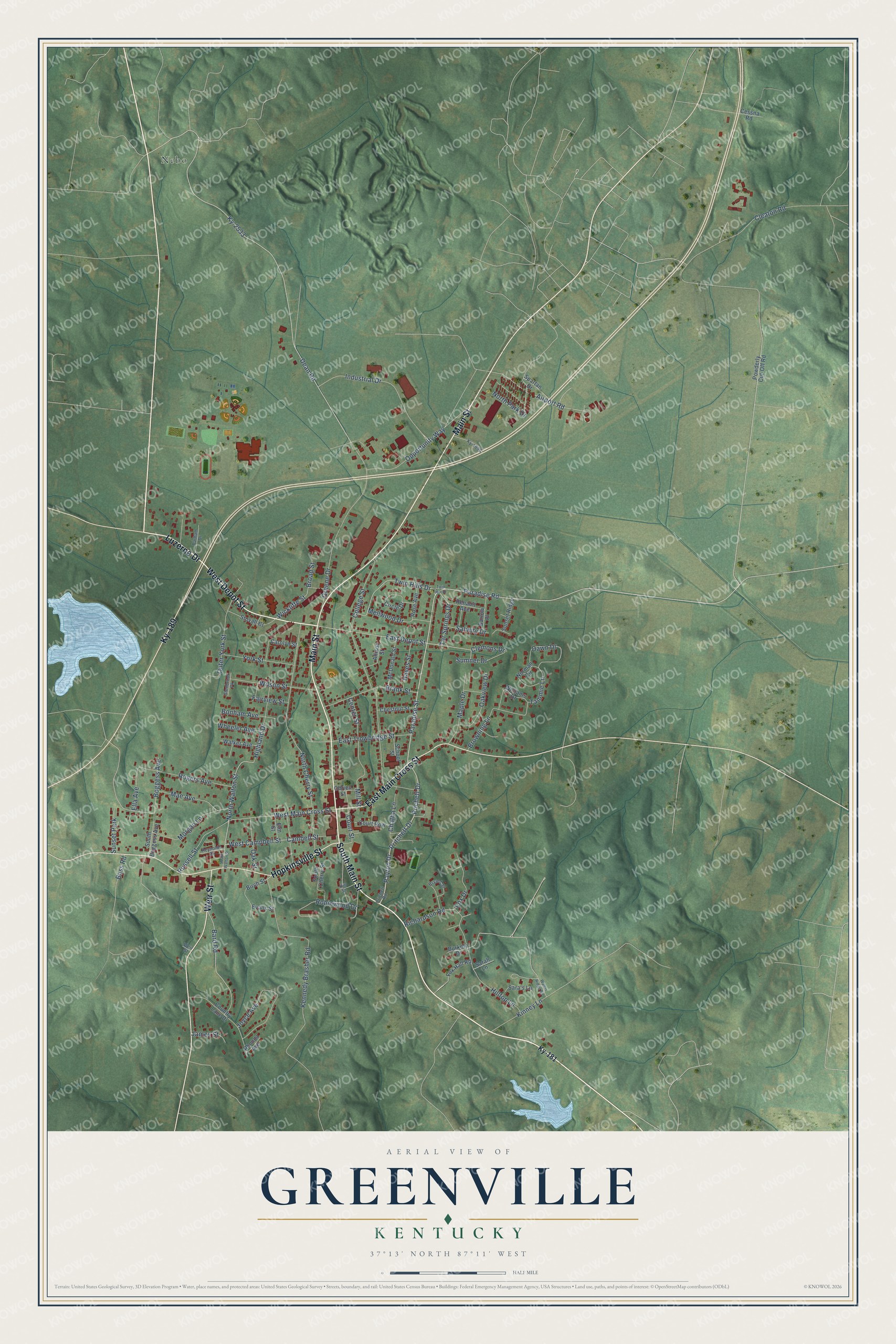 Full map of Greenville, Kentucky, with red buildings, printed street names and the land around them
