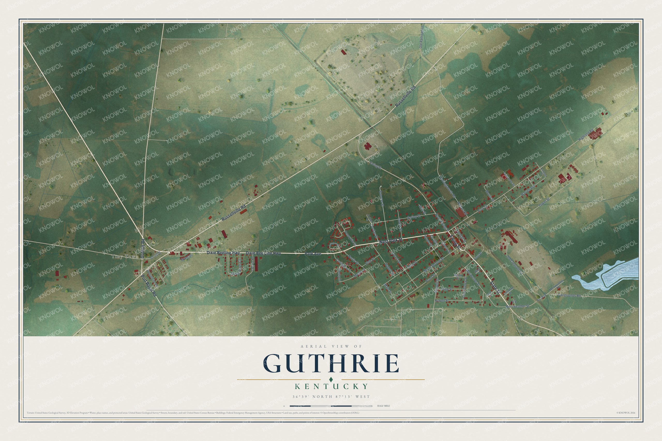 Full map of Guthrie, Kentucky, with red buildings, printed street names and the land around them