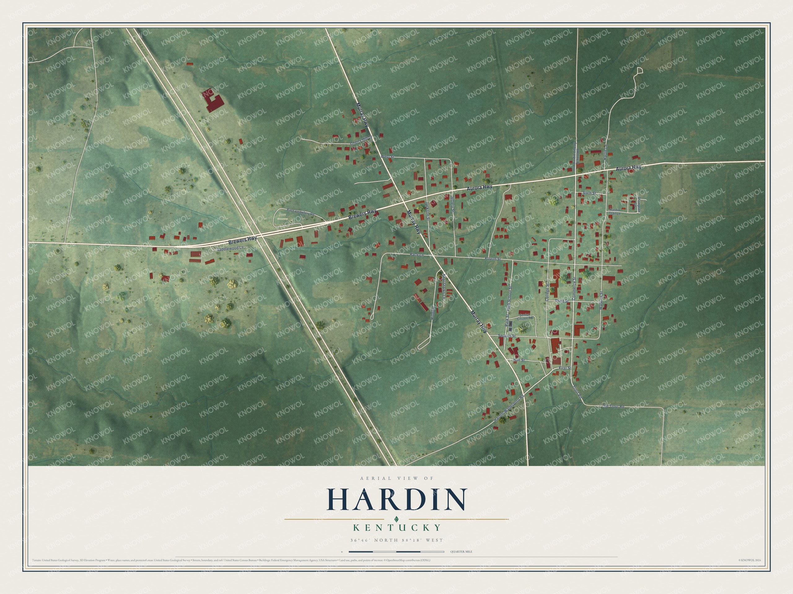 Full map of Hardin, Kentucky, with red buildings, printed street names and the land around them