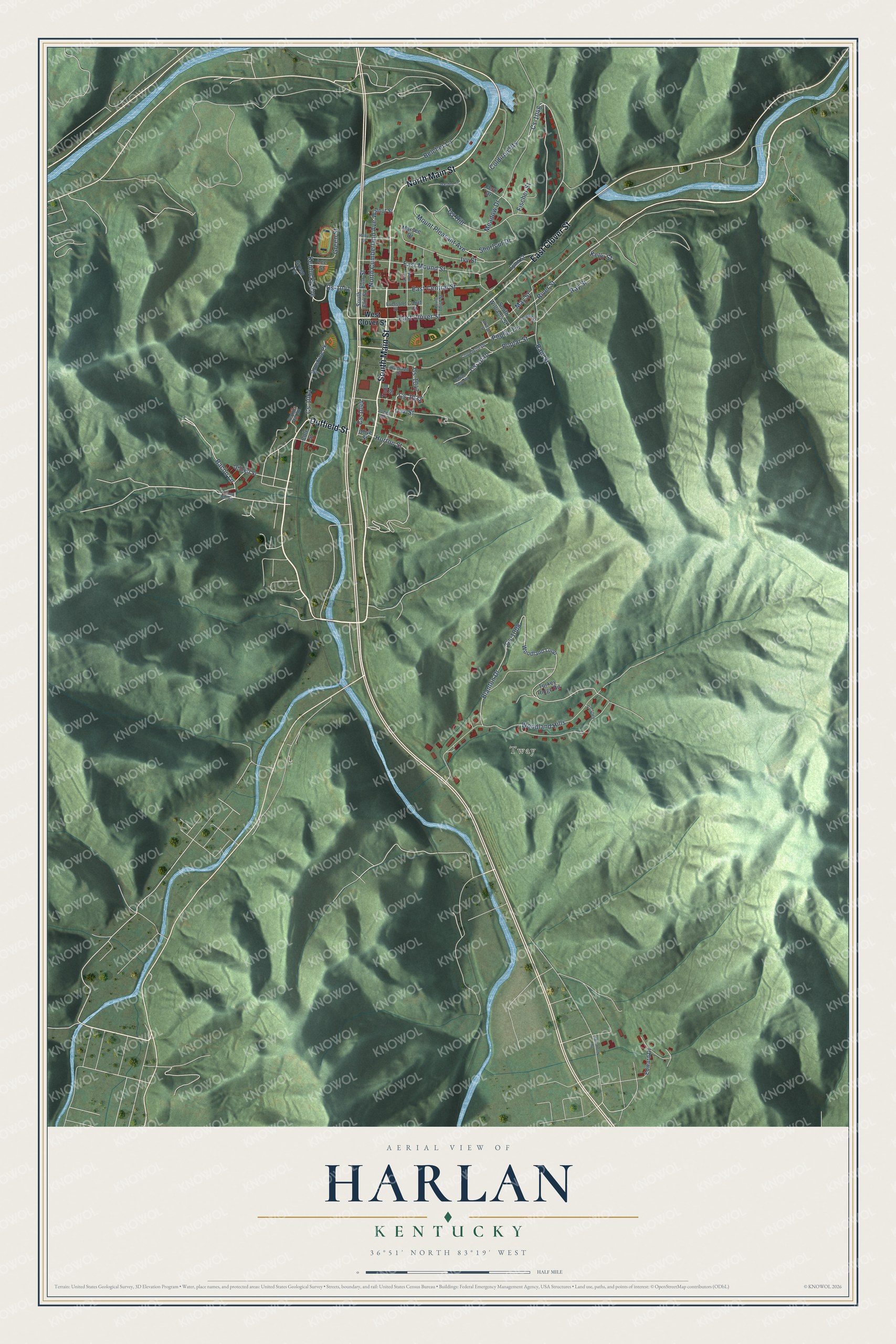 Full map of Harlan, Kentucky, with red buildings, printed street names and the land around them