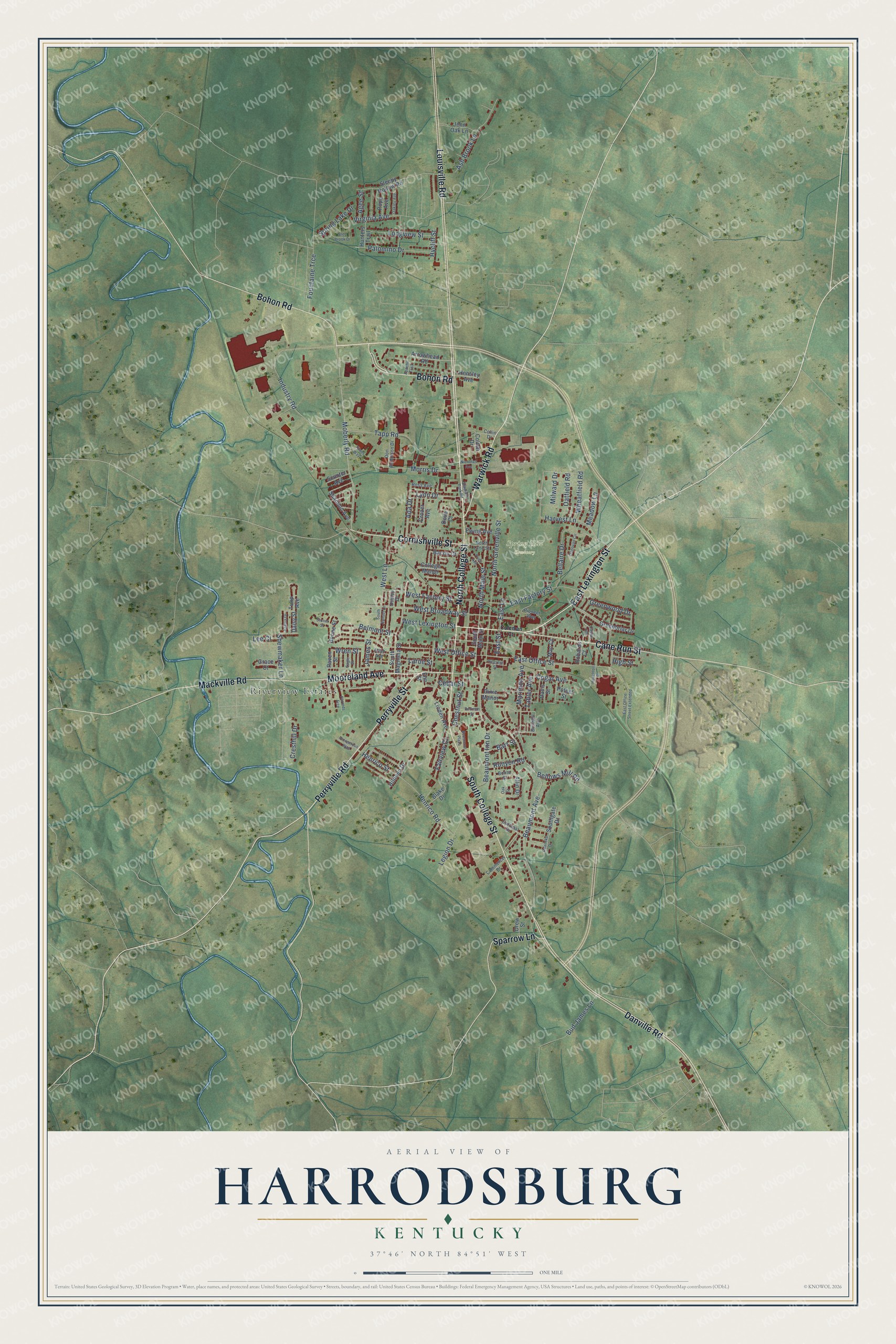 Full map of Harrodsburg, Kentucky, with red buildings, printed street names and the land around them
