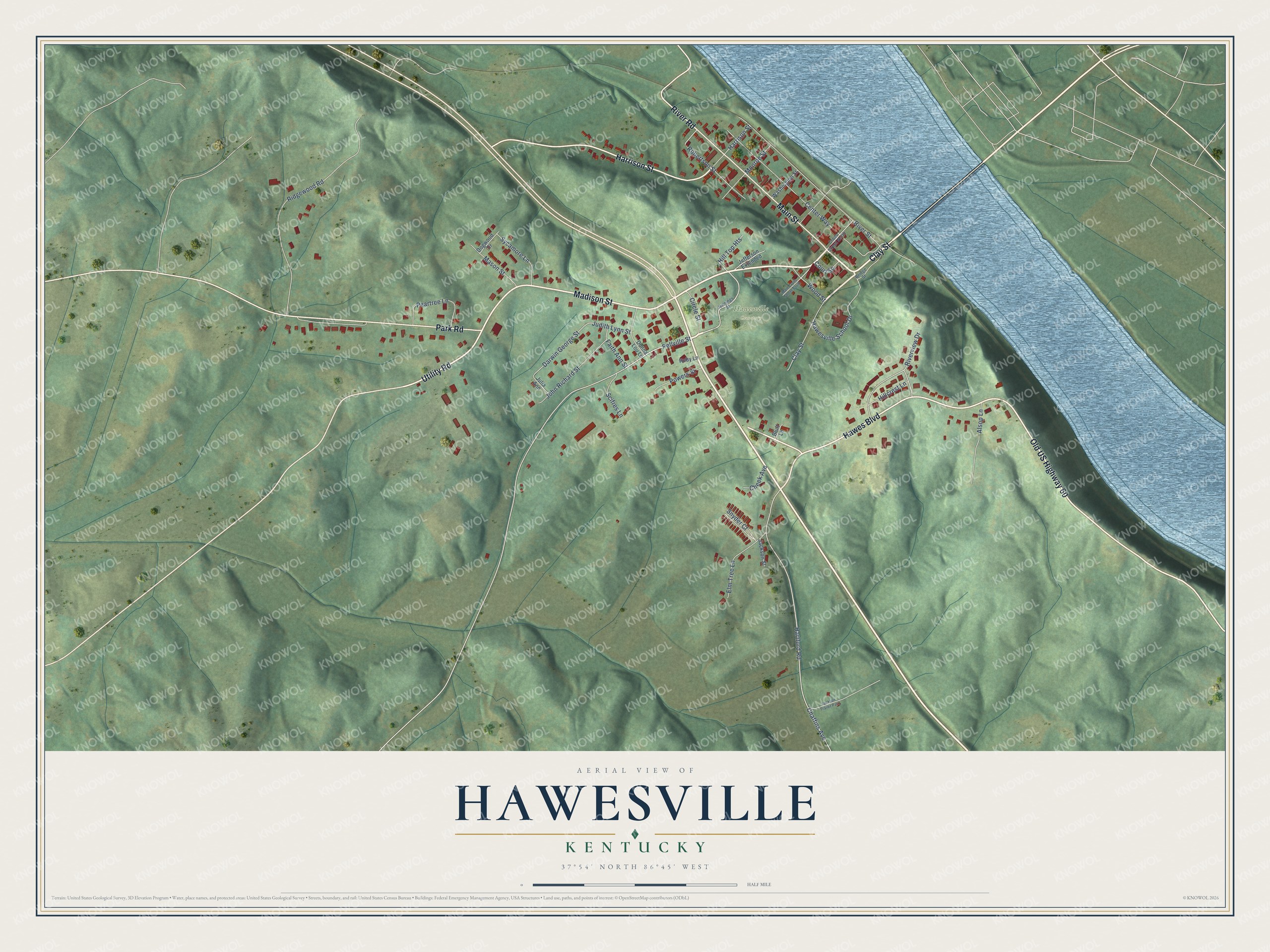 Full map of Hawesville, Kentucky, with red buildings, printed street names and the land around them