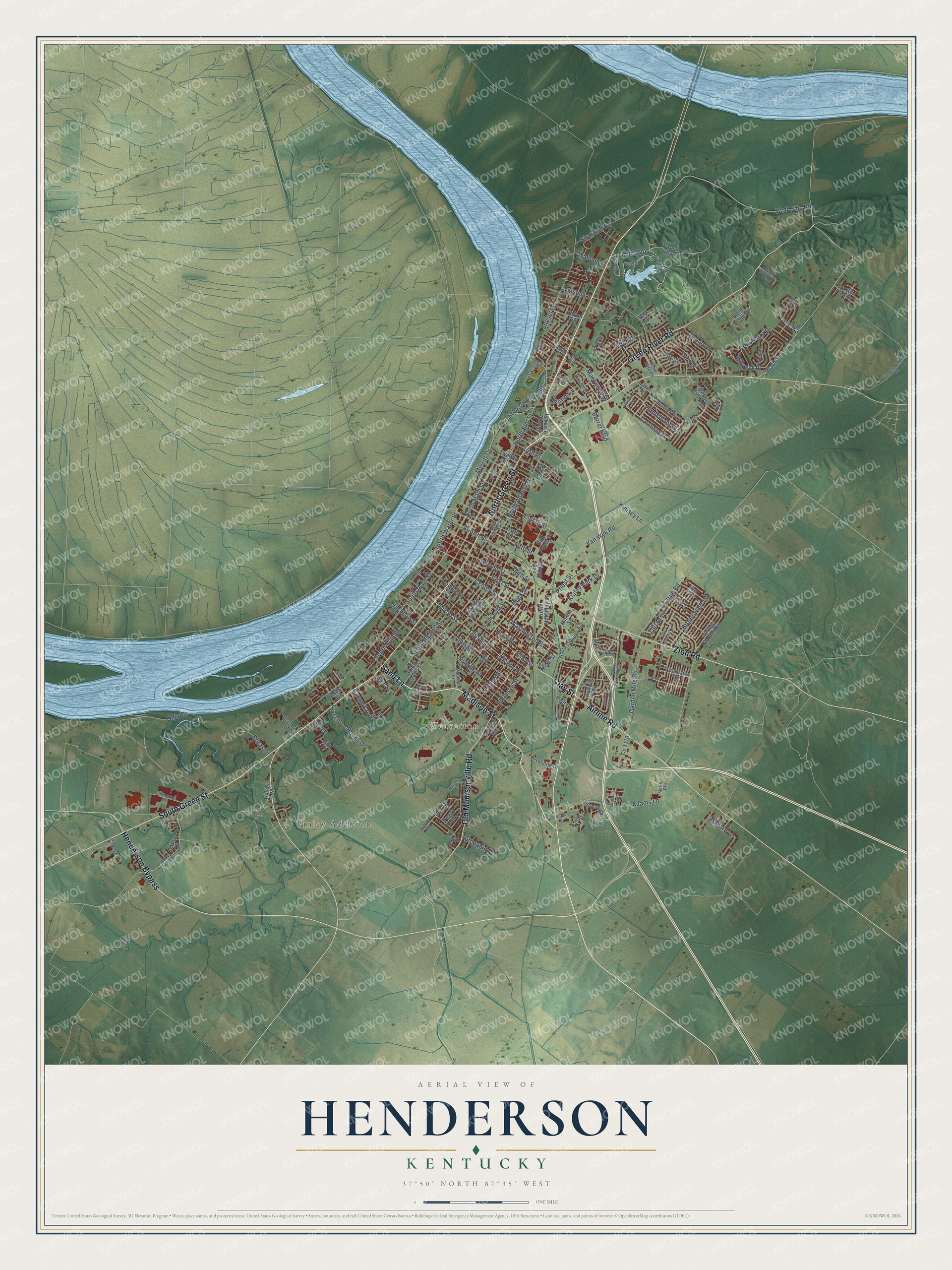 Full map of Henderson, Kentucky, with red buildings, printed street names and the land around them