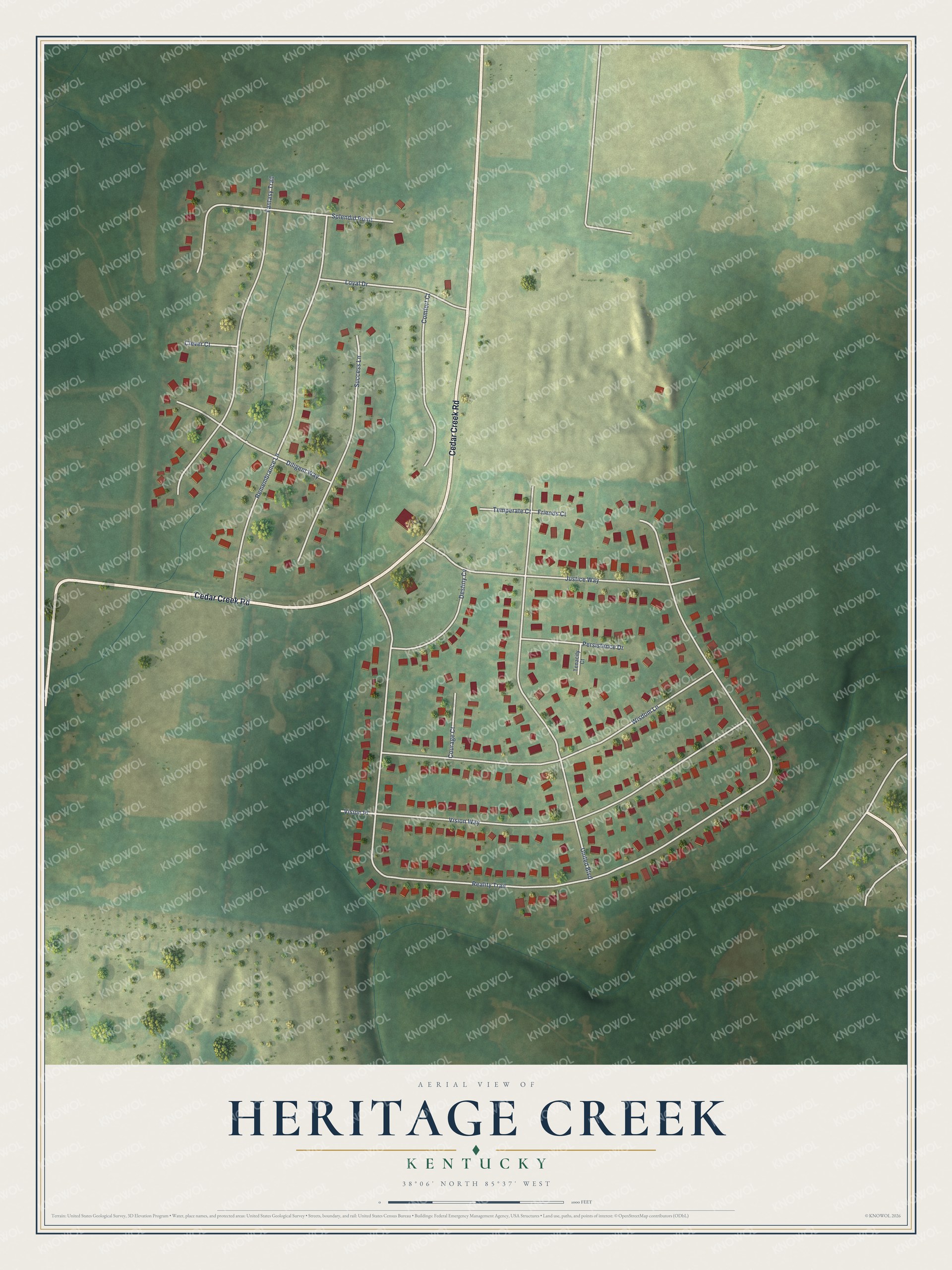 Full map of Heritage Creek, Kentucky, with red buildings, printed street names and the land around them