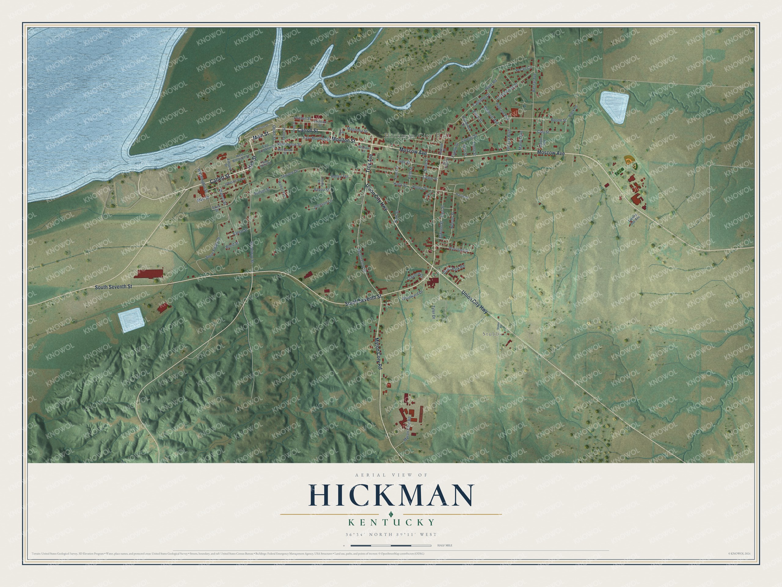 Full map of Hickman, Kentucky, with red buildings, printed street names and the land around them