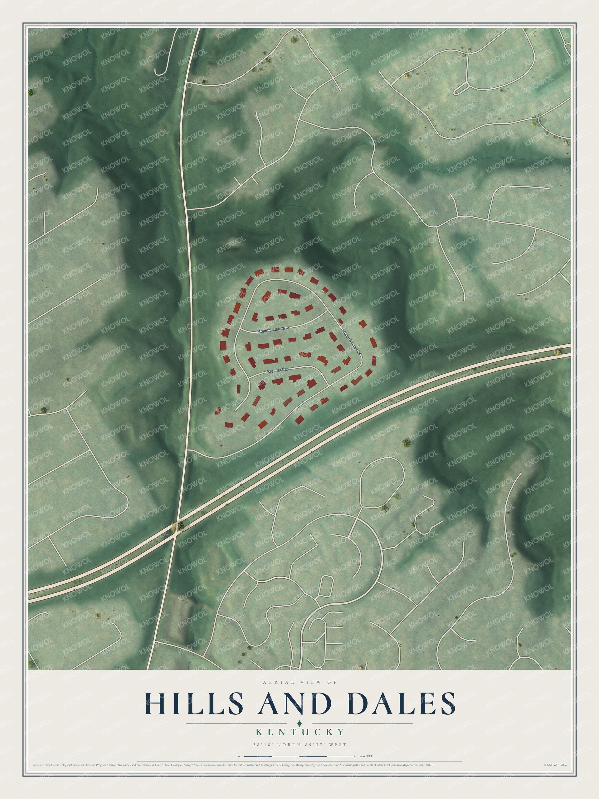 Full map of Hills and Dales, Kentucky, with red buildings, printed street names and the land around them