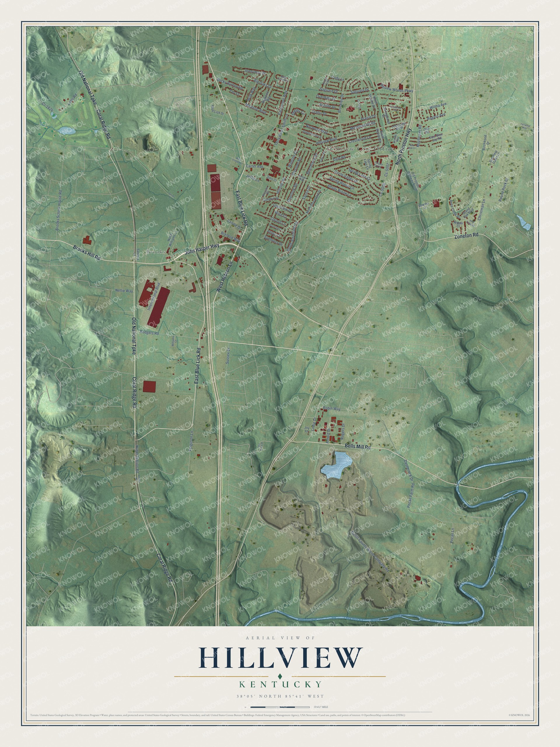 Full map of Hillview, Kentucky, with red buildings, printed street names and the land around them