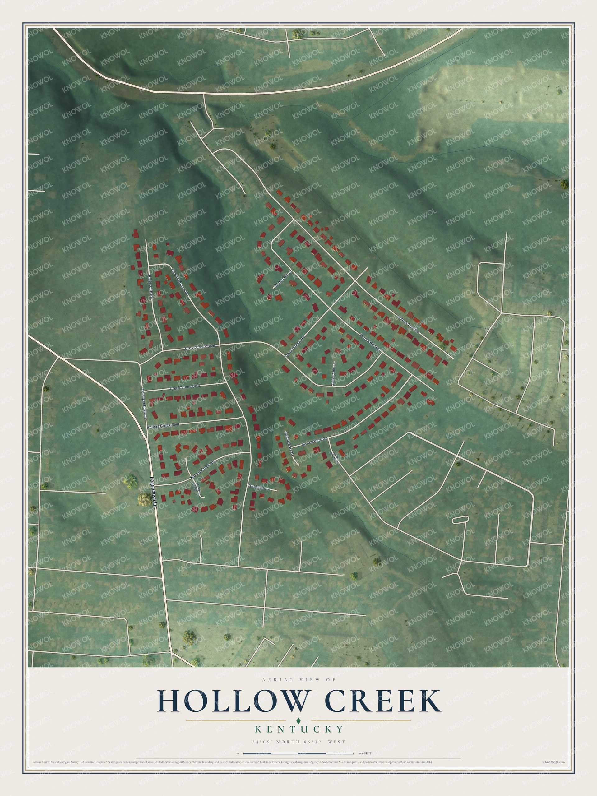 Full map of Hollow Creek, Kentucky, with red buildings, printed street names and the land around them