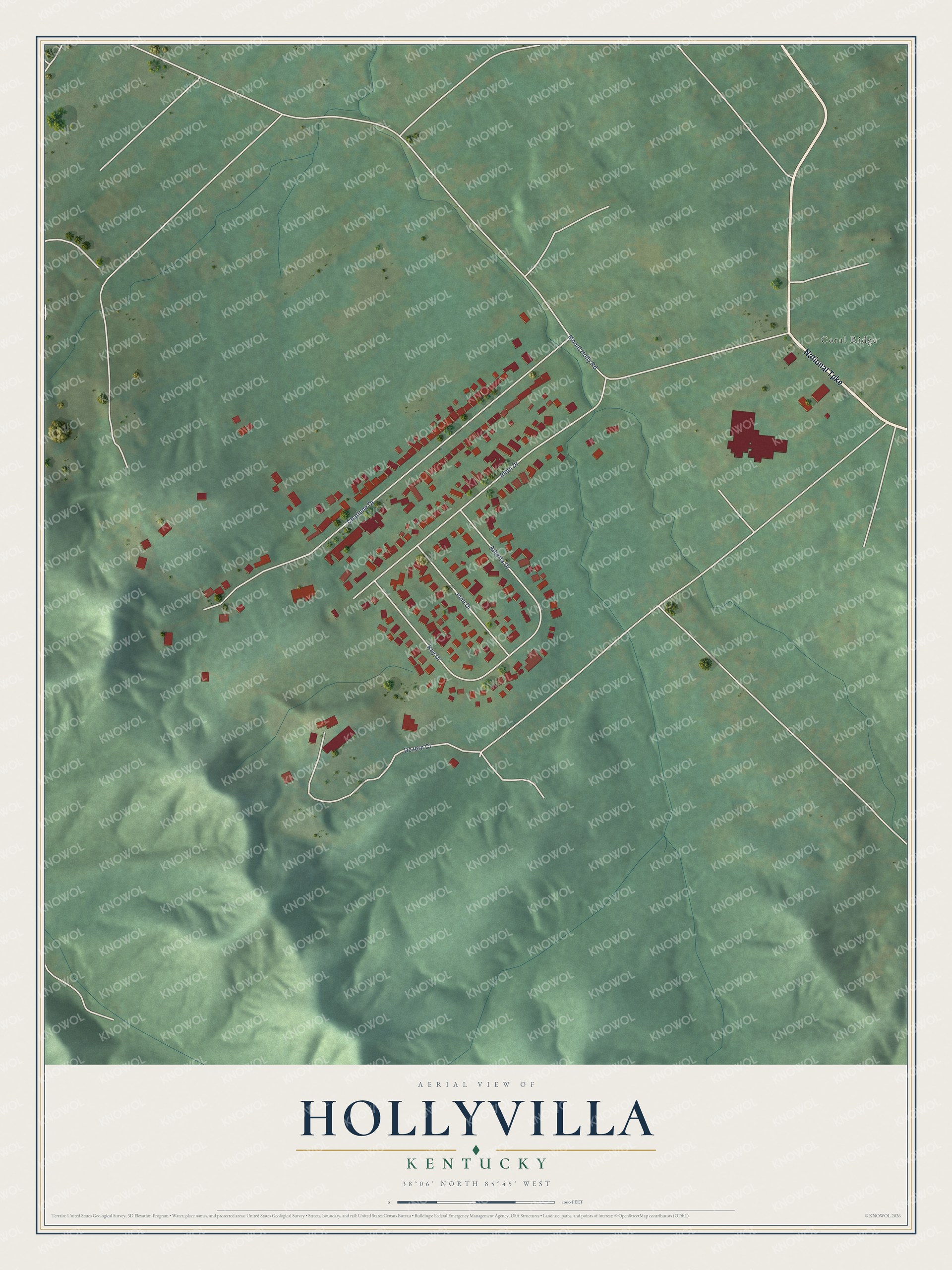 Full map of Hollyvilla, Kentucky, with red buildings, printed street names and the land around them