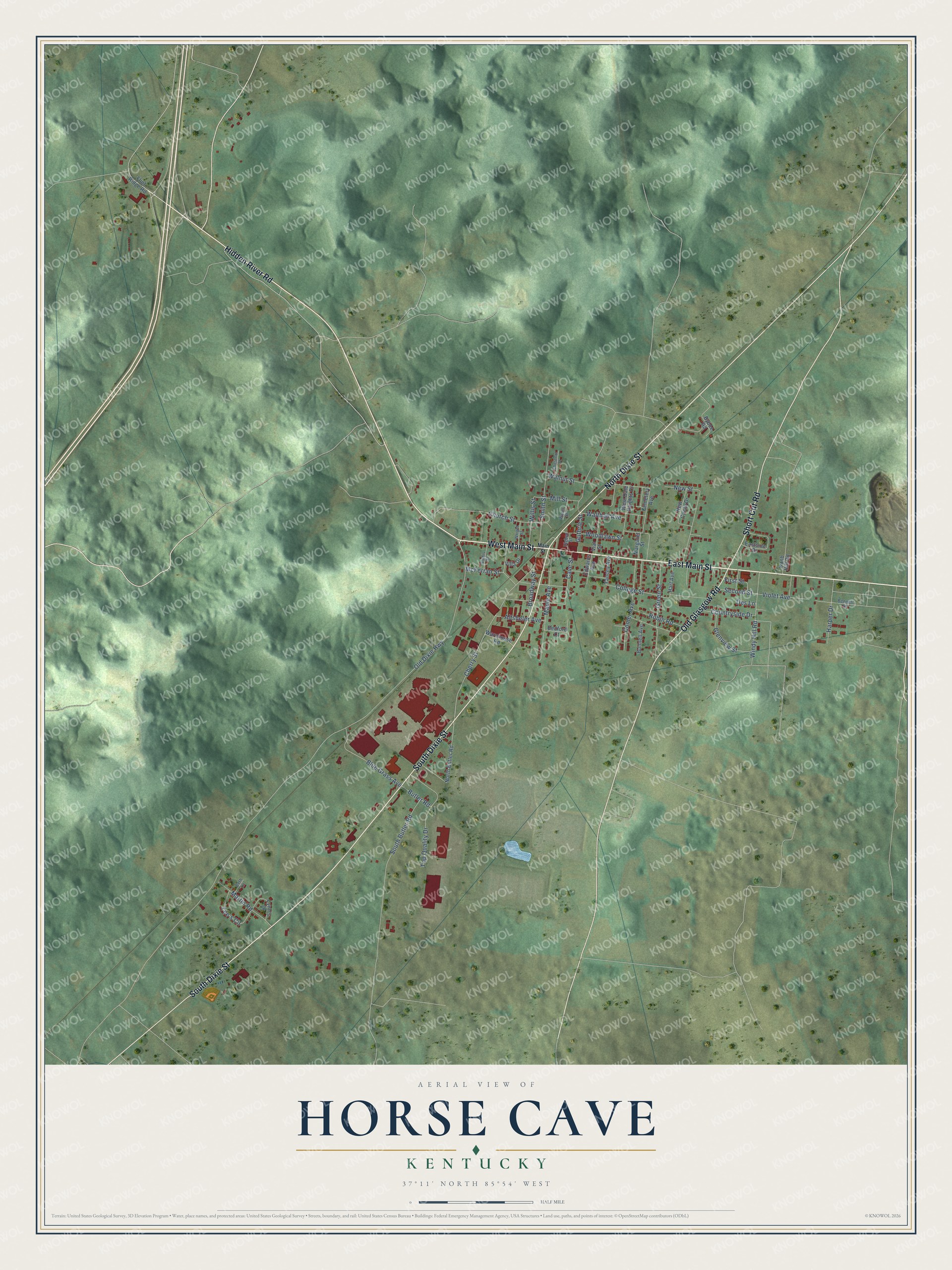 Full map of Horse Cave, Kentucky, with red buildings, printed street names and the land around them