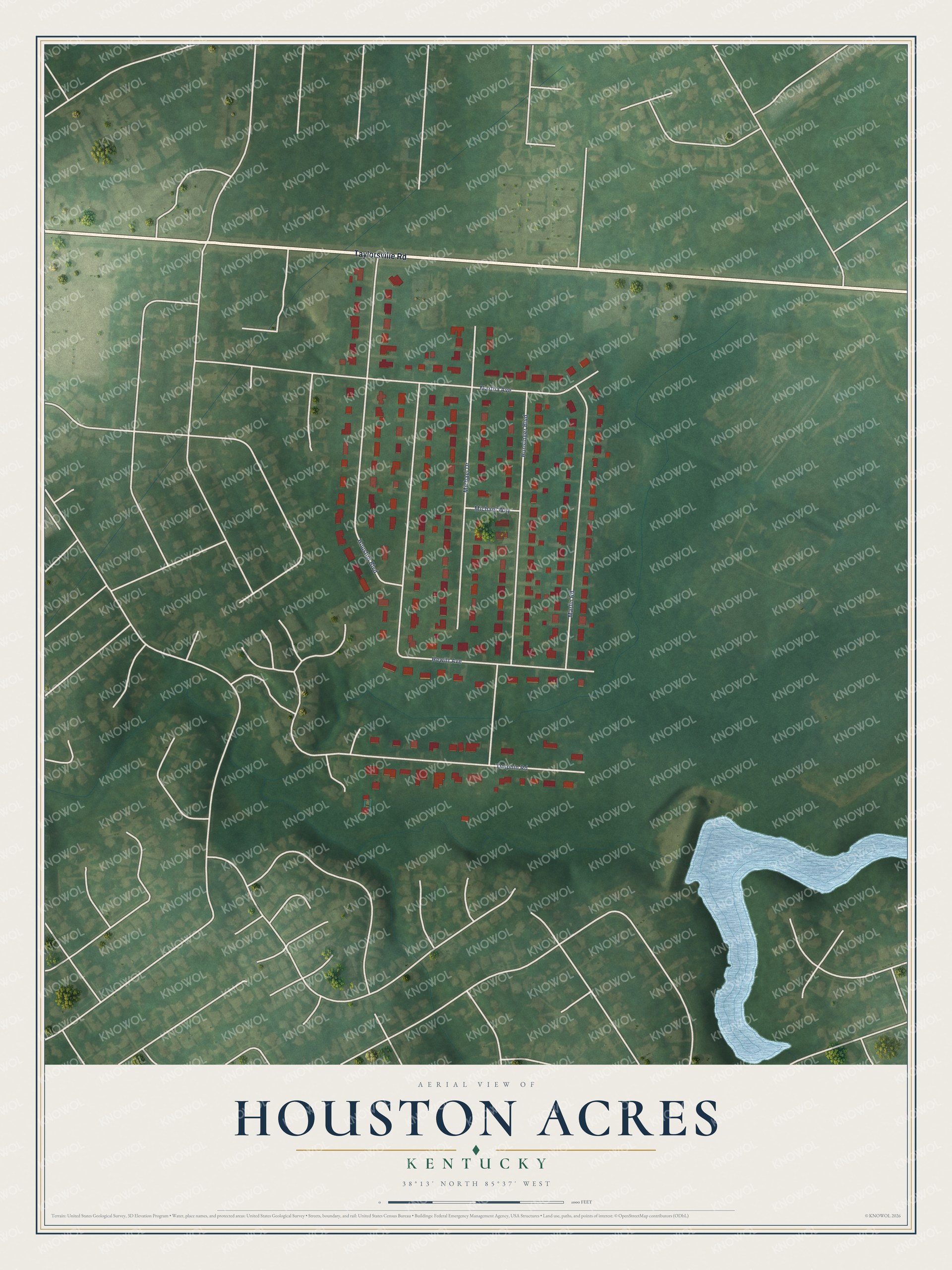 Full map of Houston Acres, Kentucky, with red buildings, printed street names and the land around them