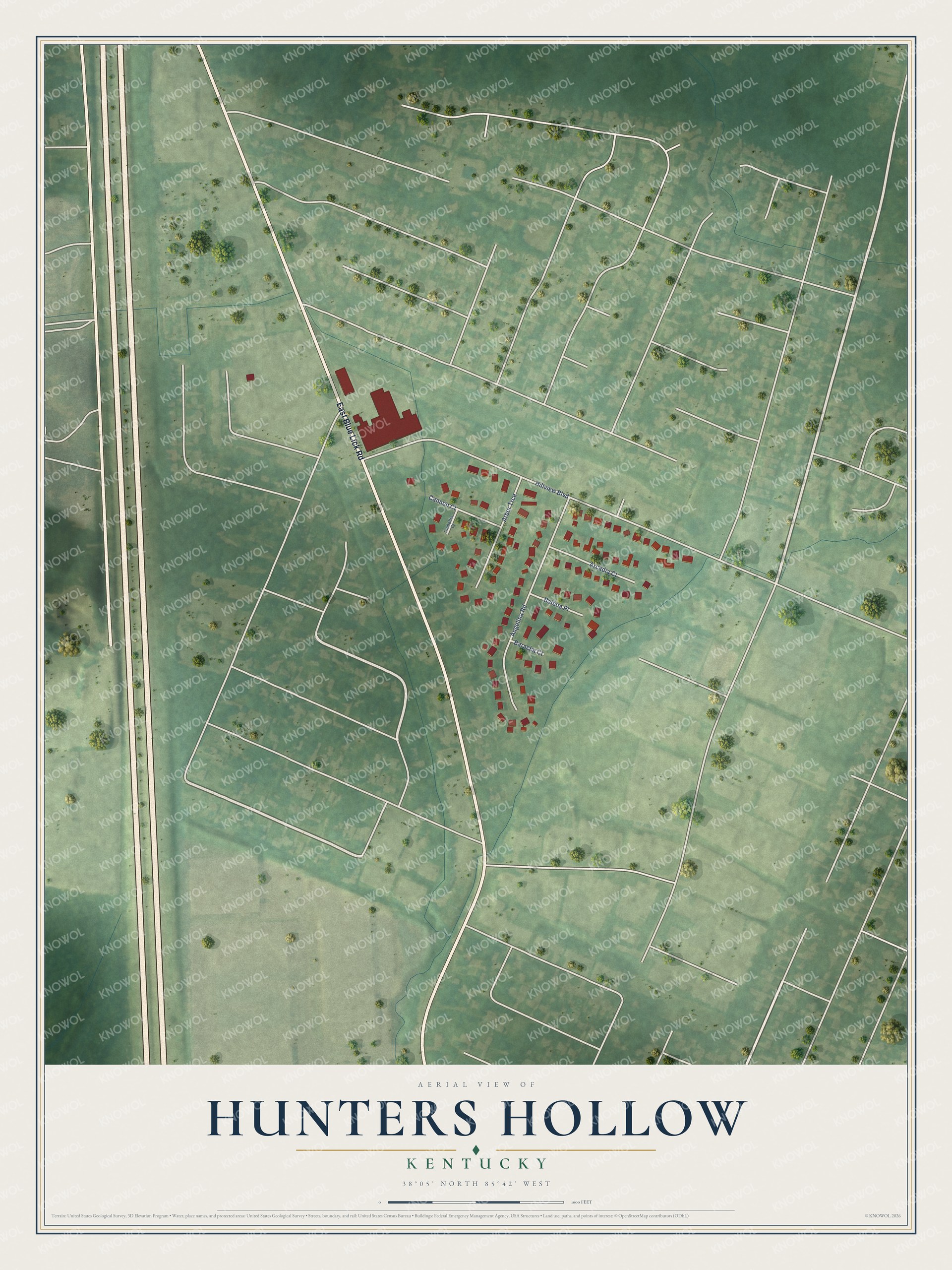 Full map of Hunters Hollow, Kentucky, with red buildings, printed street names and the land around them
