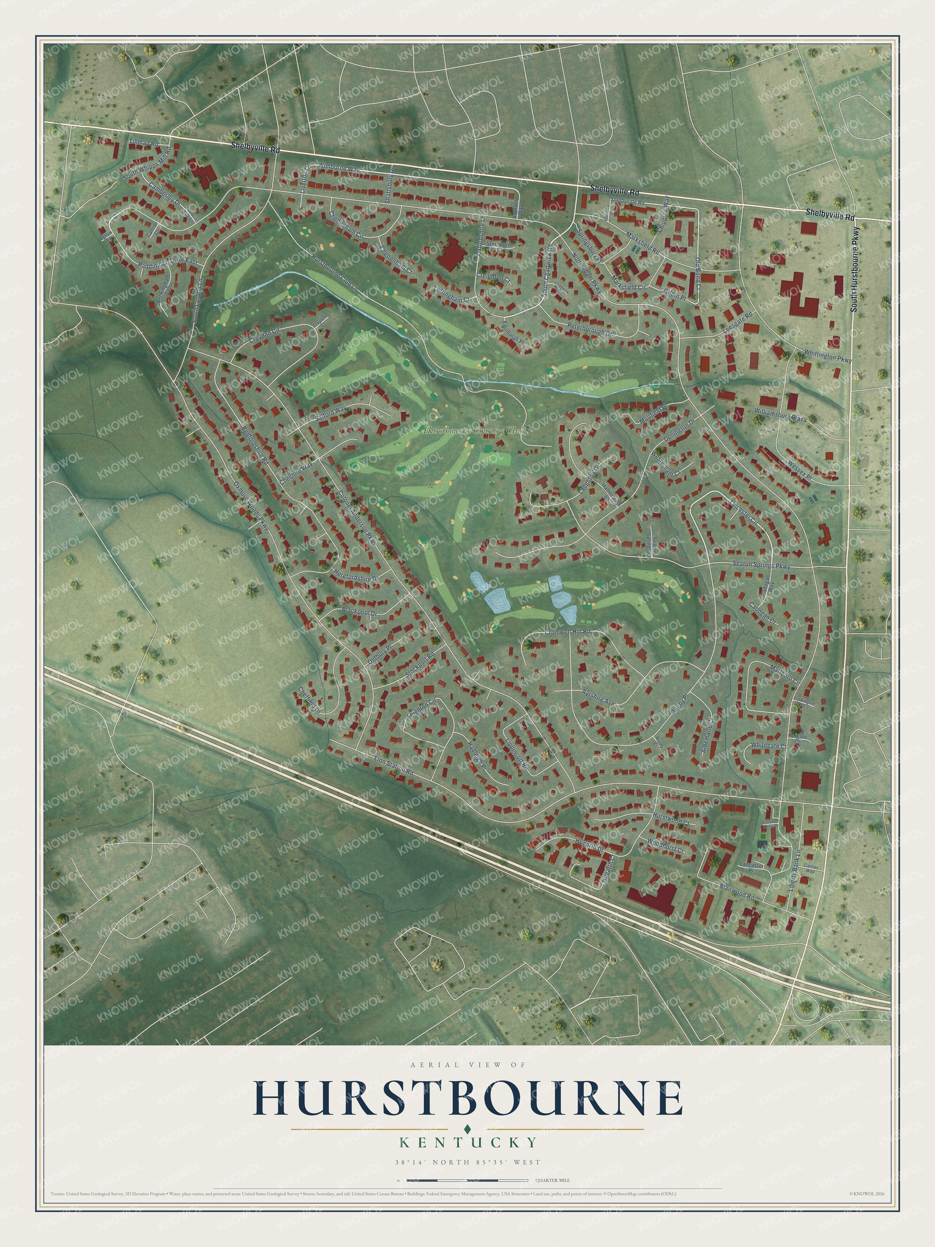Full map of Hurstbourne, Kentucky, with red buildings, printed street names and the land around them