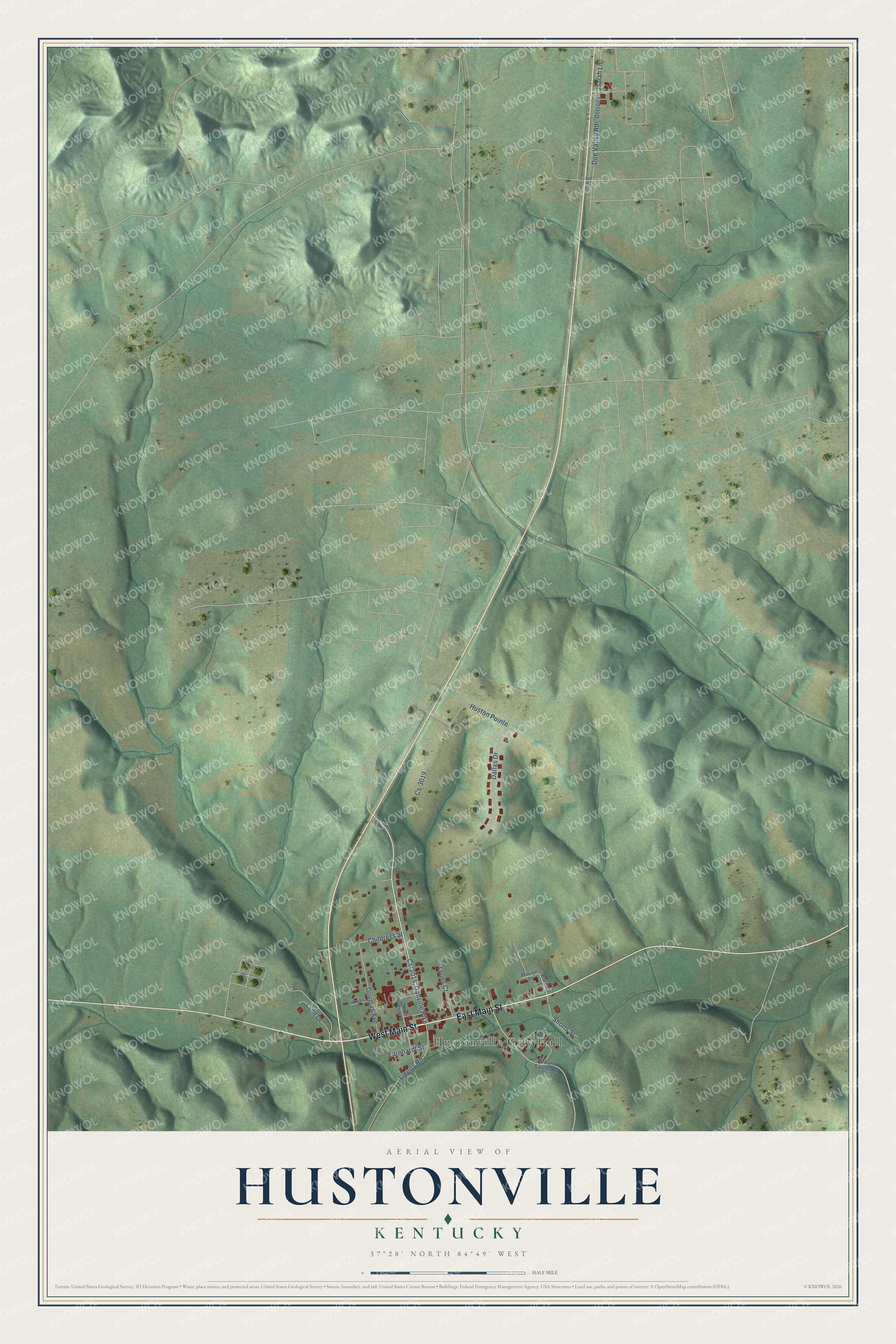 Full map of Hustonville, Kentucky, with red buildings, printed street names and the land around them