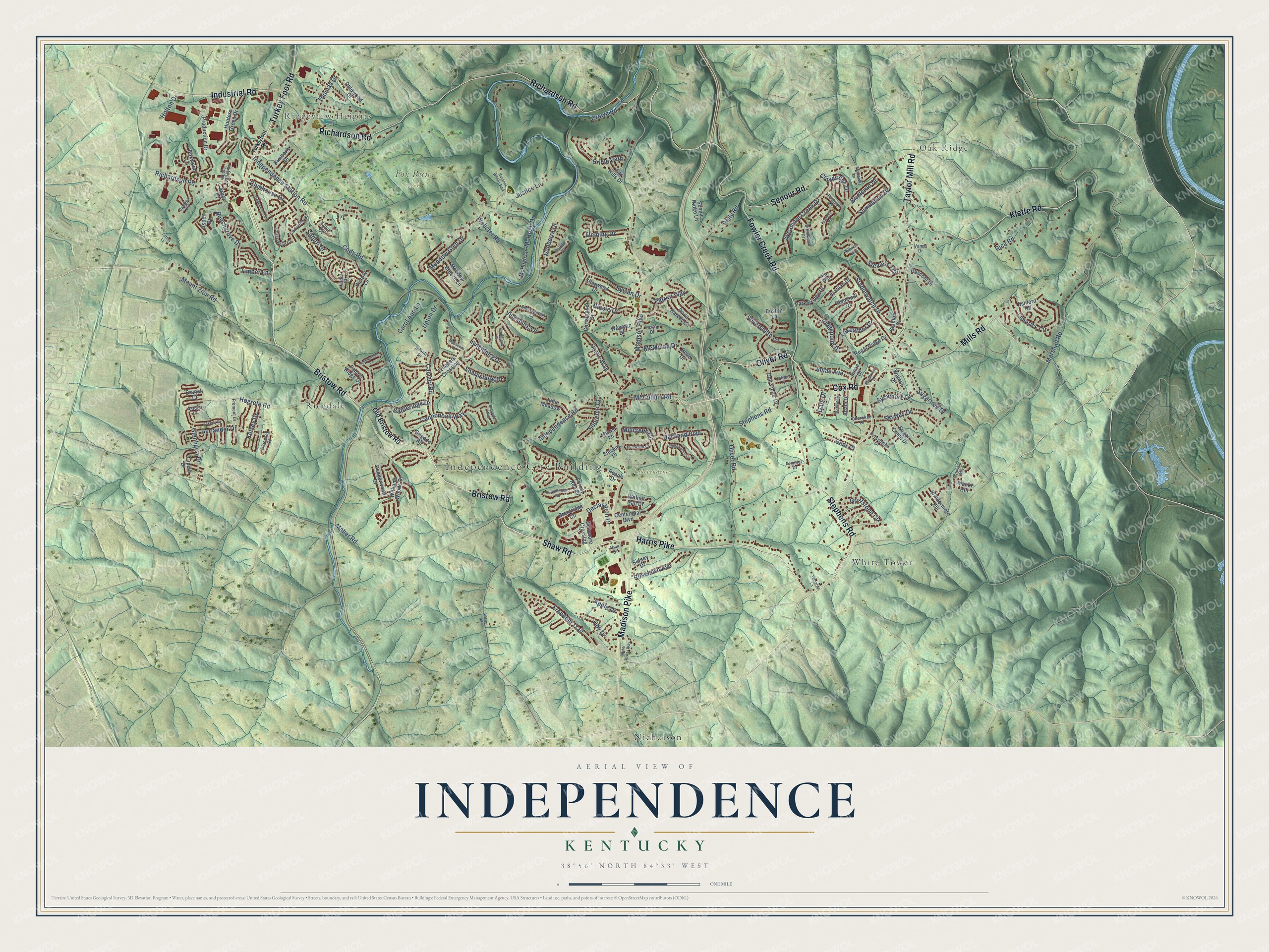 Full map of Independence, Kentucky, with red buildings, printed street names and the land around them