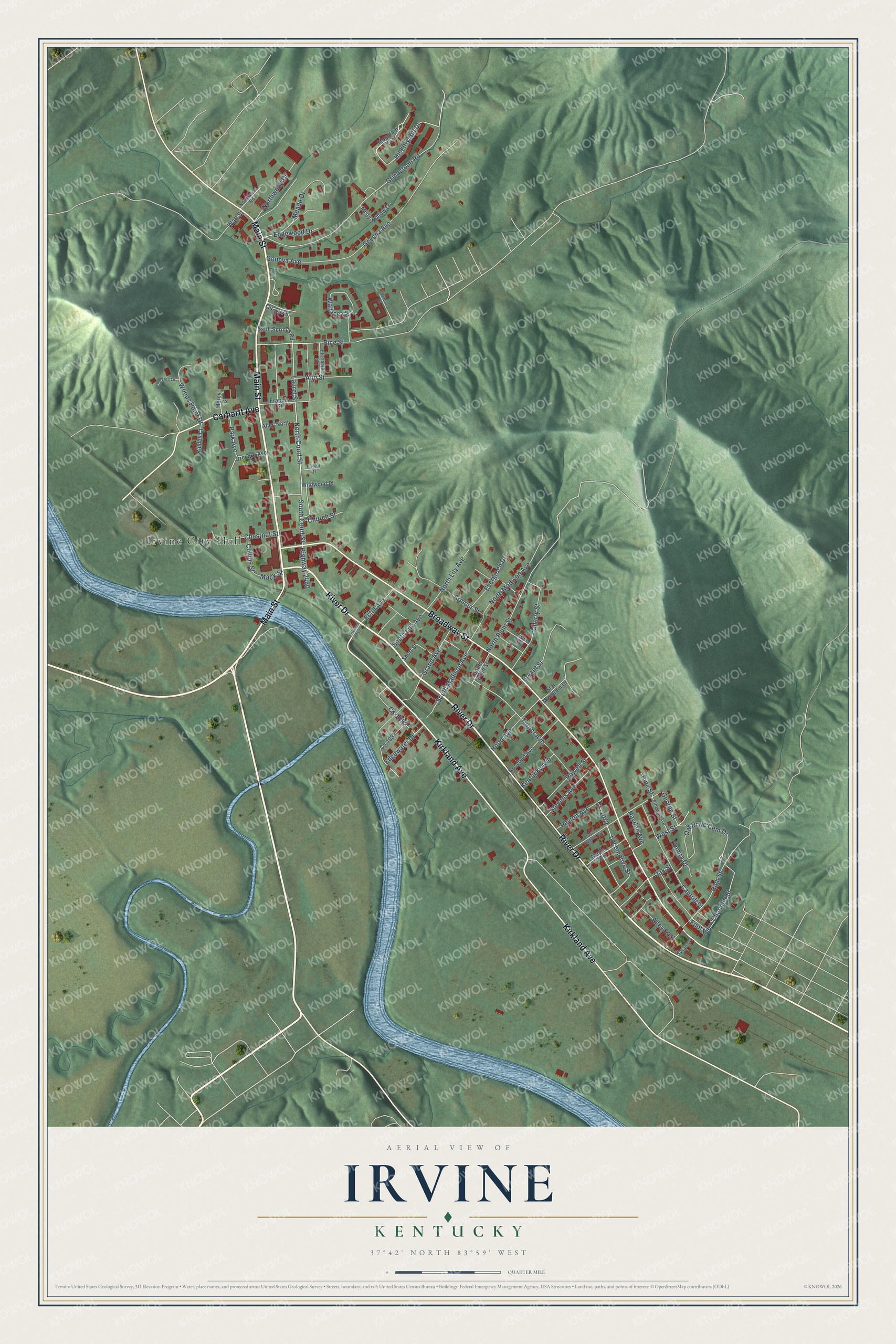 Full map of Irvine, Kentucky, with red buildings, printed street names and the land around them