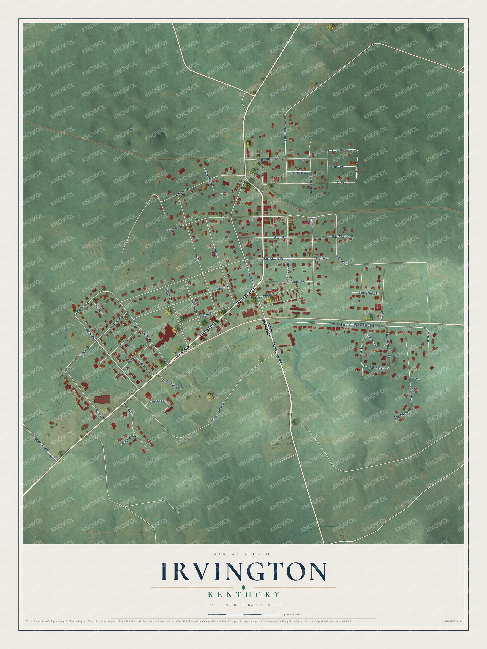 Full map of Irvington, Kentucky, with red buildings, printed street names and the land around them