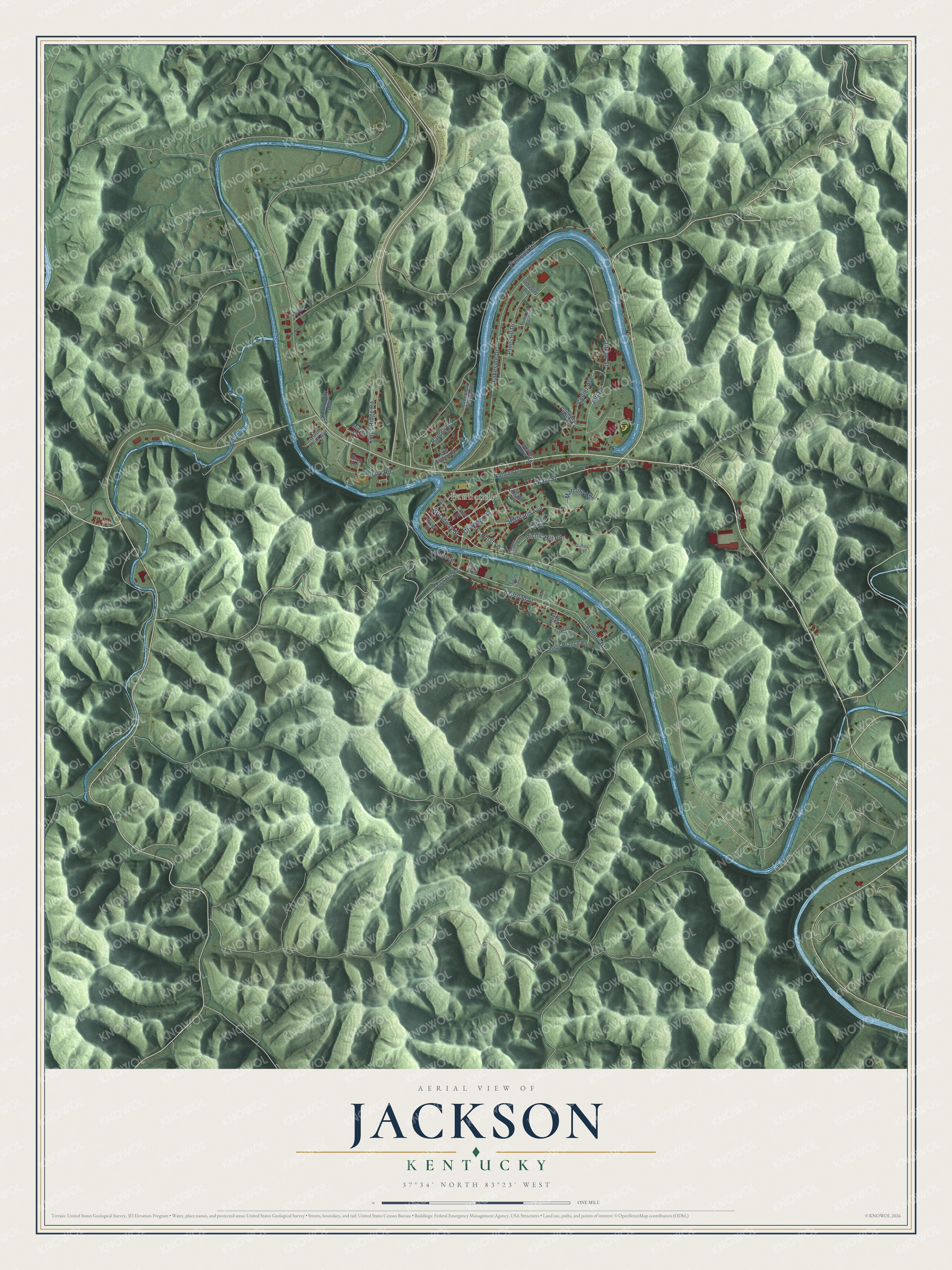 Full map of Jackson, Kentucky, with red buildings, printed street names and the land around them