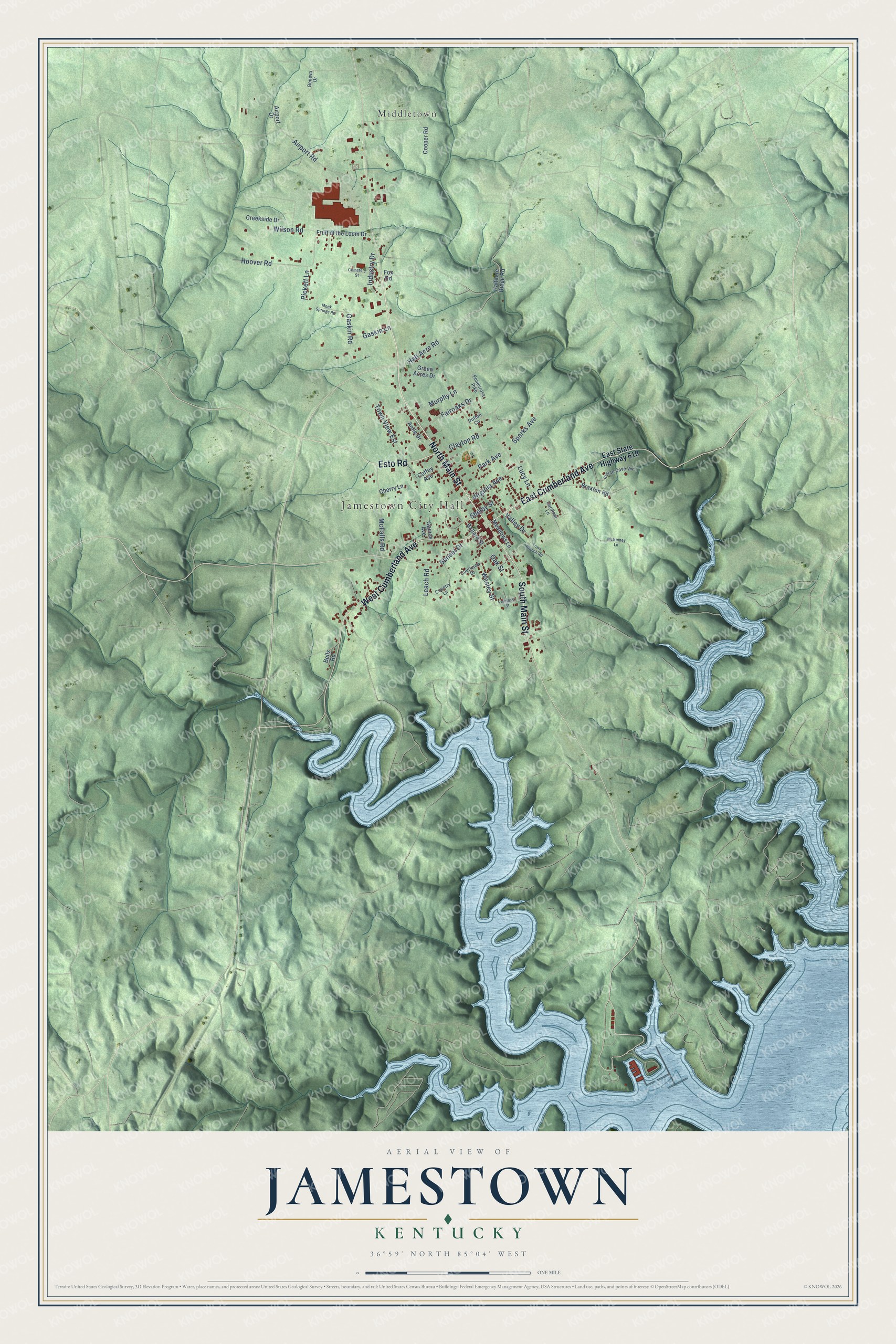 Full map of Jamestown, Kentucky, with red buildings, printed street names and the land around them