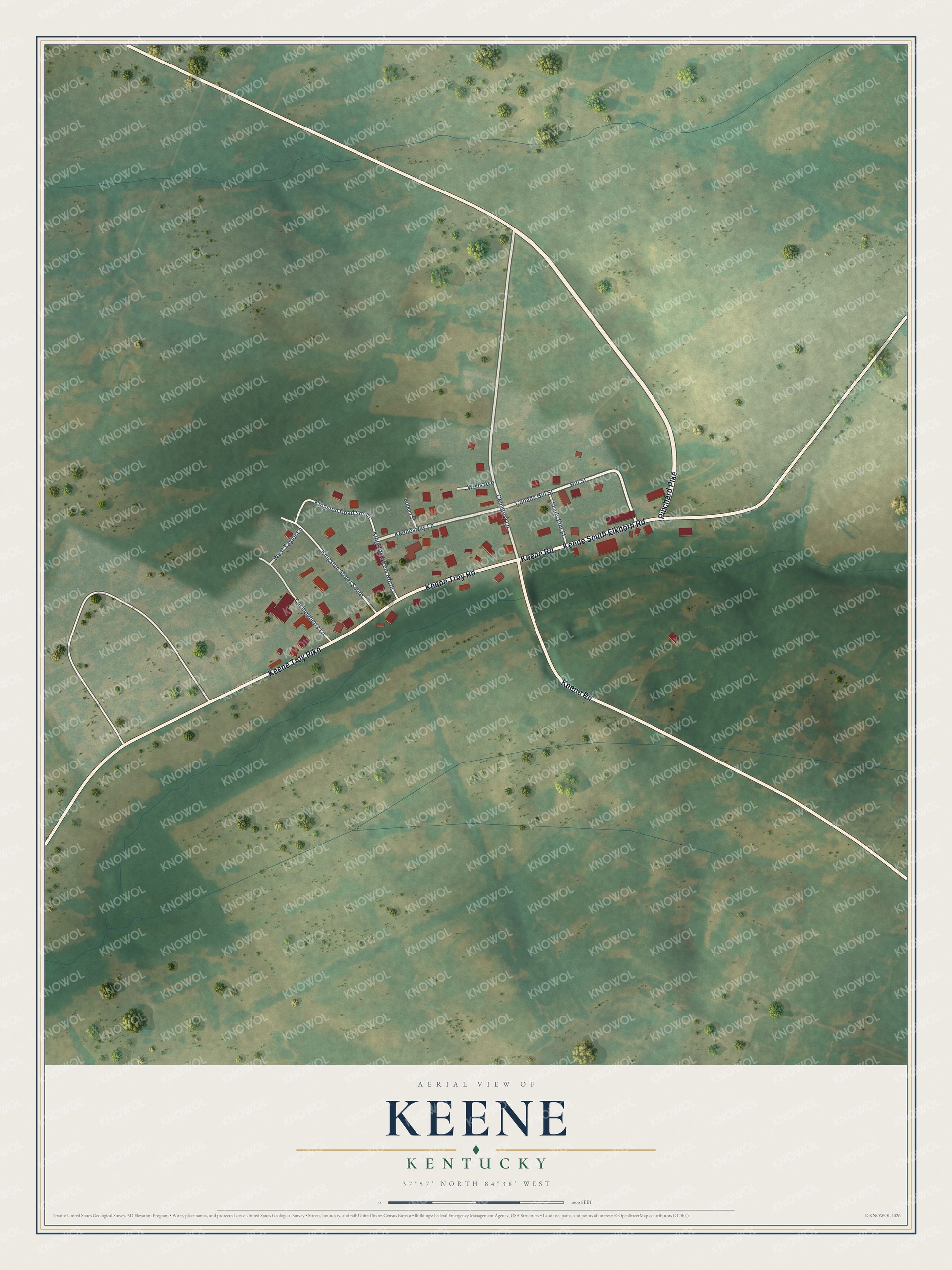 Full map of Keene, Kentucky, with red buildings, printed street names and the land around them
