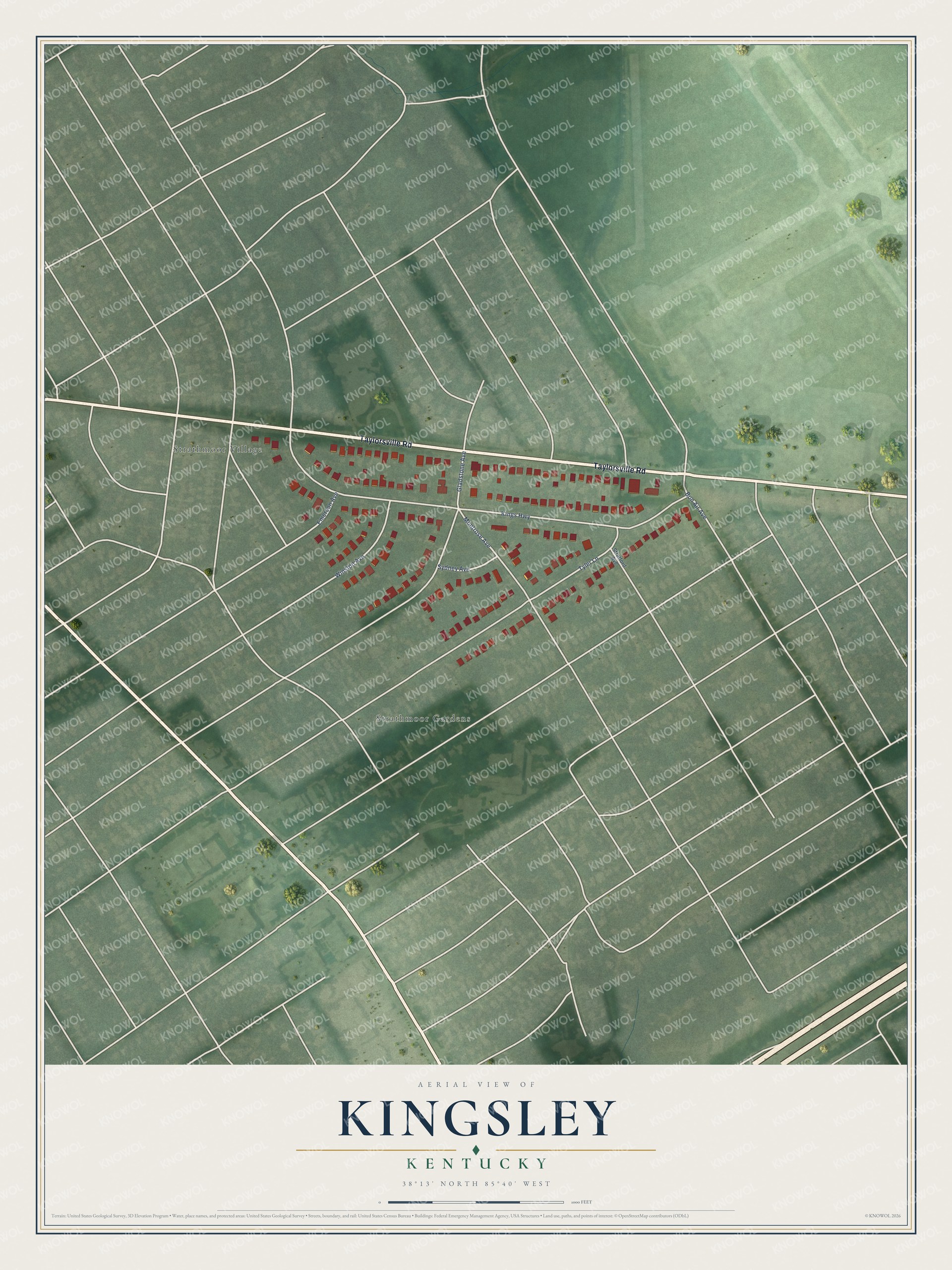 Full map of Kingsley, Kentucky, with red buildings, printed street names and the land around them