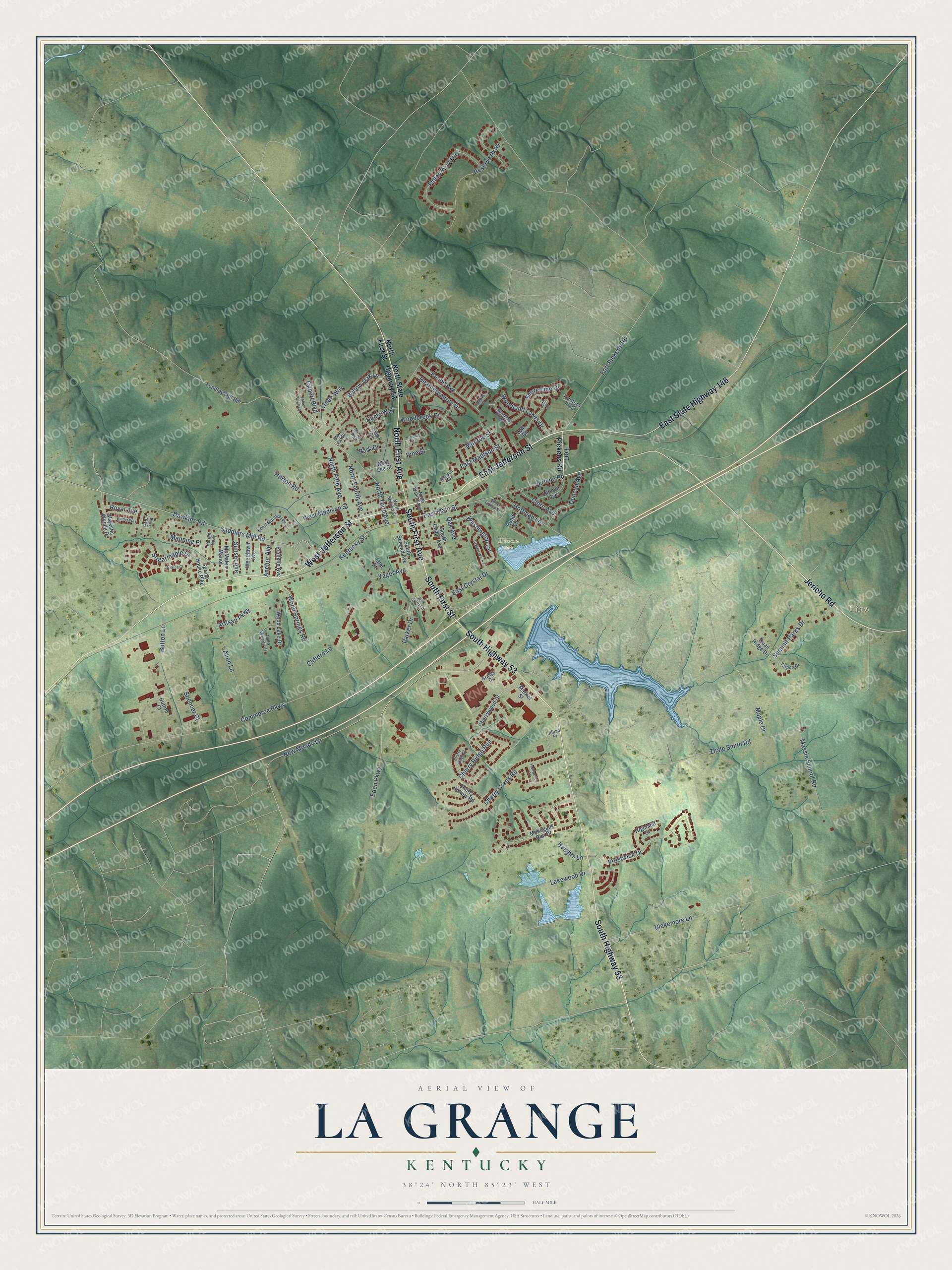 Full map of La Grange, Kentucky, with red buildings, printed street names and the land around them