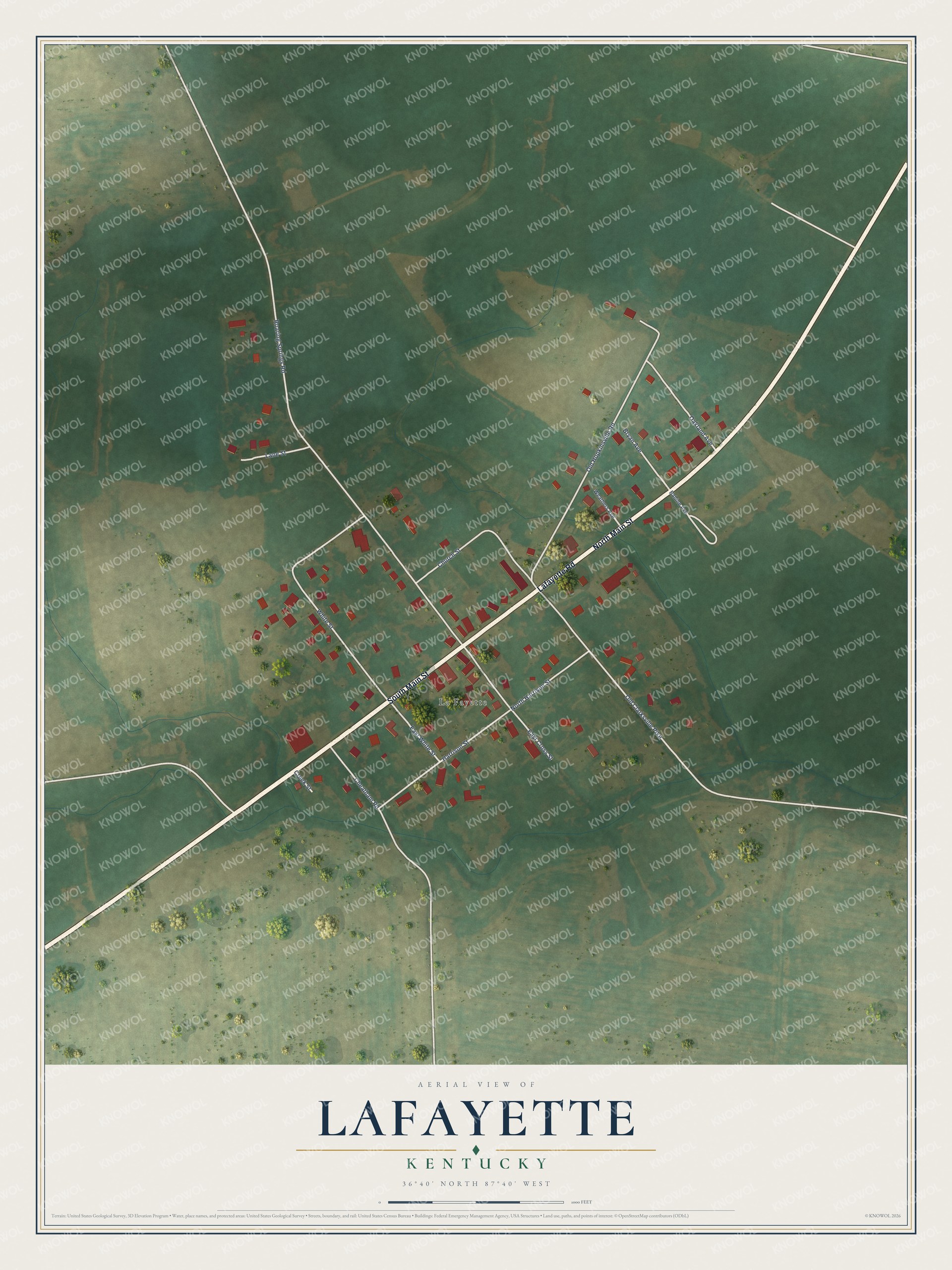 Full map of LaFayette, Kentucky, with red buildings, printed street names and the land around them